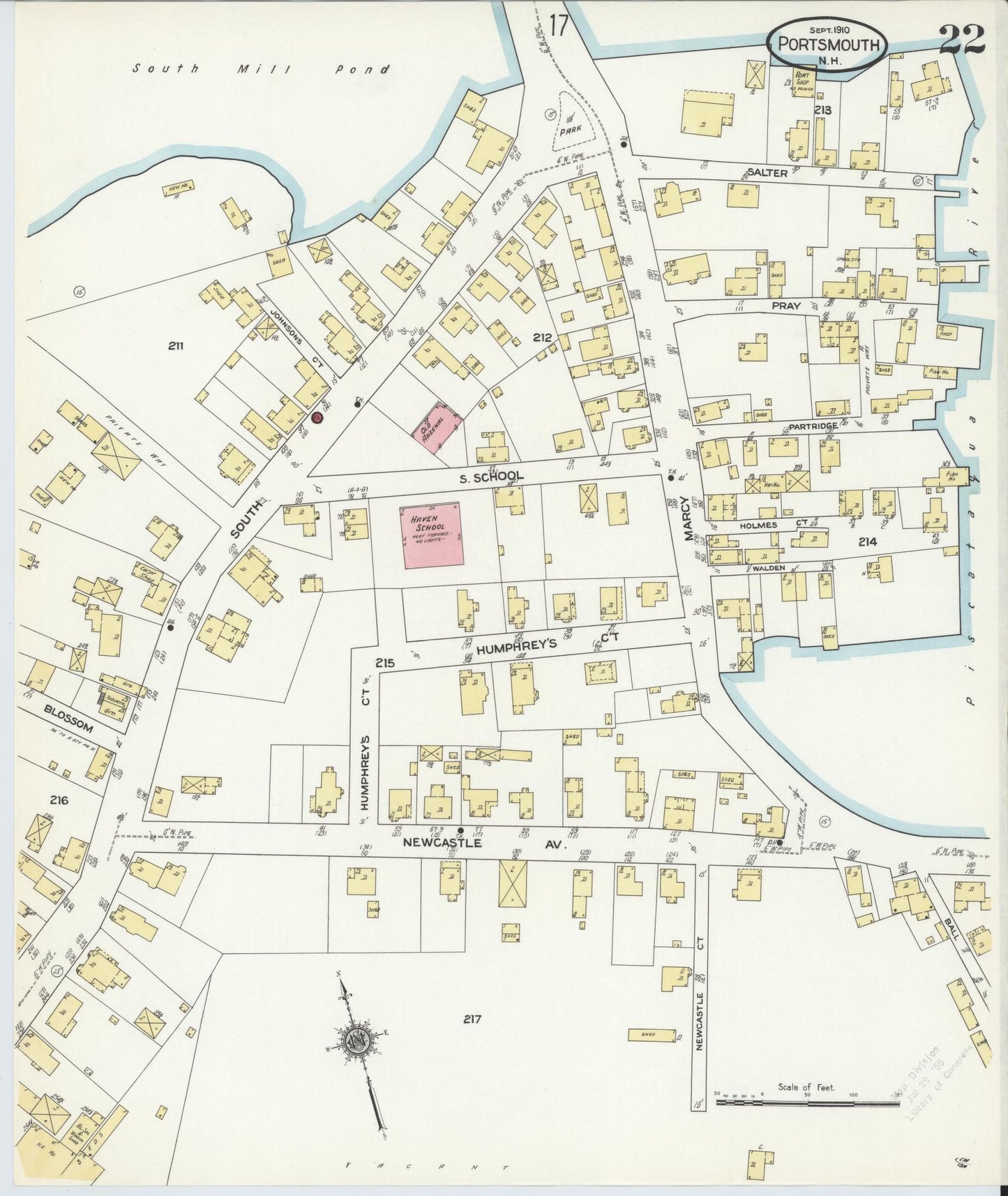 Sanborn Fire Insurance Map from Portsmouth, Rockingham County, New Hampshire (1910), Sheet #0022 - Historic Sanborn Fire Insurance Map Print, vintage old map wall art, antique decor, genealogy gift, New Hampshire New Hampshire map