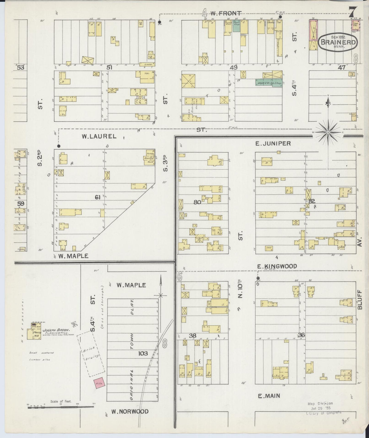 Sanborn Fire Insurance Map from Brainerd, Crow Wing County, Minnesota (1892), Sheet #0007 - Complete Map Set gallery image, historic Sanborn map, vintage wall art, Minnesota Minnesota