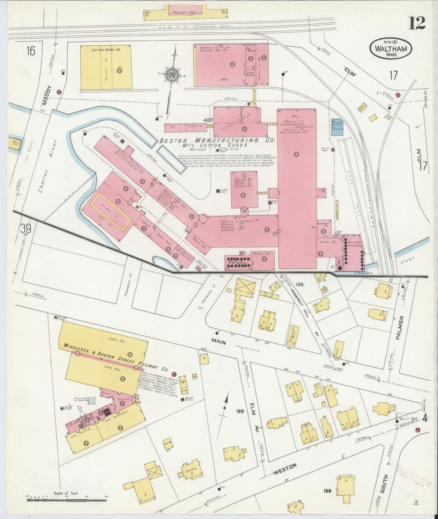 Sanborn Fire Insurance Map from Waltham, Middlesex County, Massachusetts (1911), Sheet #0012 - Historic Sanborn Fire Insurance Map Print, vintage old map wall art, antique decor, genealogy gift, Massachusetts Massachusetts map