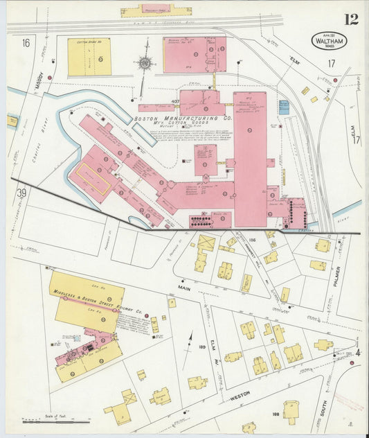 Sanborn Fire Insurance Map from Waltham, Middlesex County, Massachusetts (1911), Sheet #0012 - Historic Sanborn Fire Insurance Map Print, vintage old map wall art, antique decor, genealogy gift, Massachusetts Massachusetts map