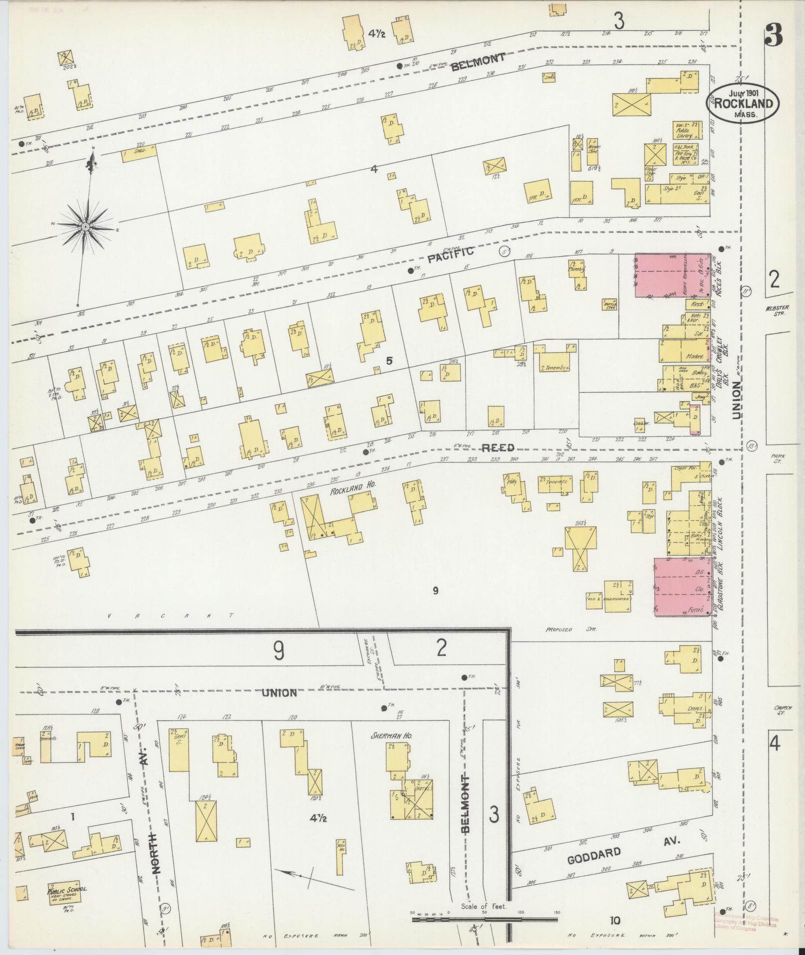 Sanborn Fire Insurance Map from Rockland, Plymouth County, Massachusetts (1901), Sheet #0003 - Complete Map Set gallery image, historic Sanborn map, vintage wall art, Massachusetts Massachusetts