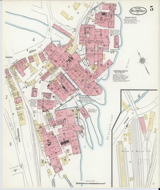 Sanborn Fire Insurance Map from Bellows Falls, Windham County, Vermont (1912), Sheet #0005 - Historic Sanborn Fire Insurance Map Print, vintage old map wall art, antique decor, genealogy gift, Vermont Vermont map