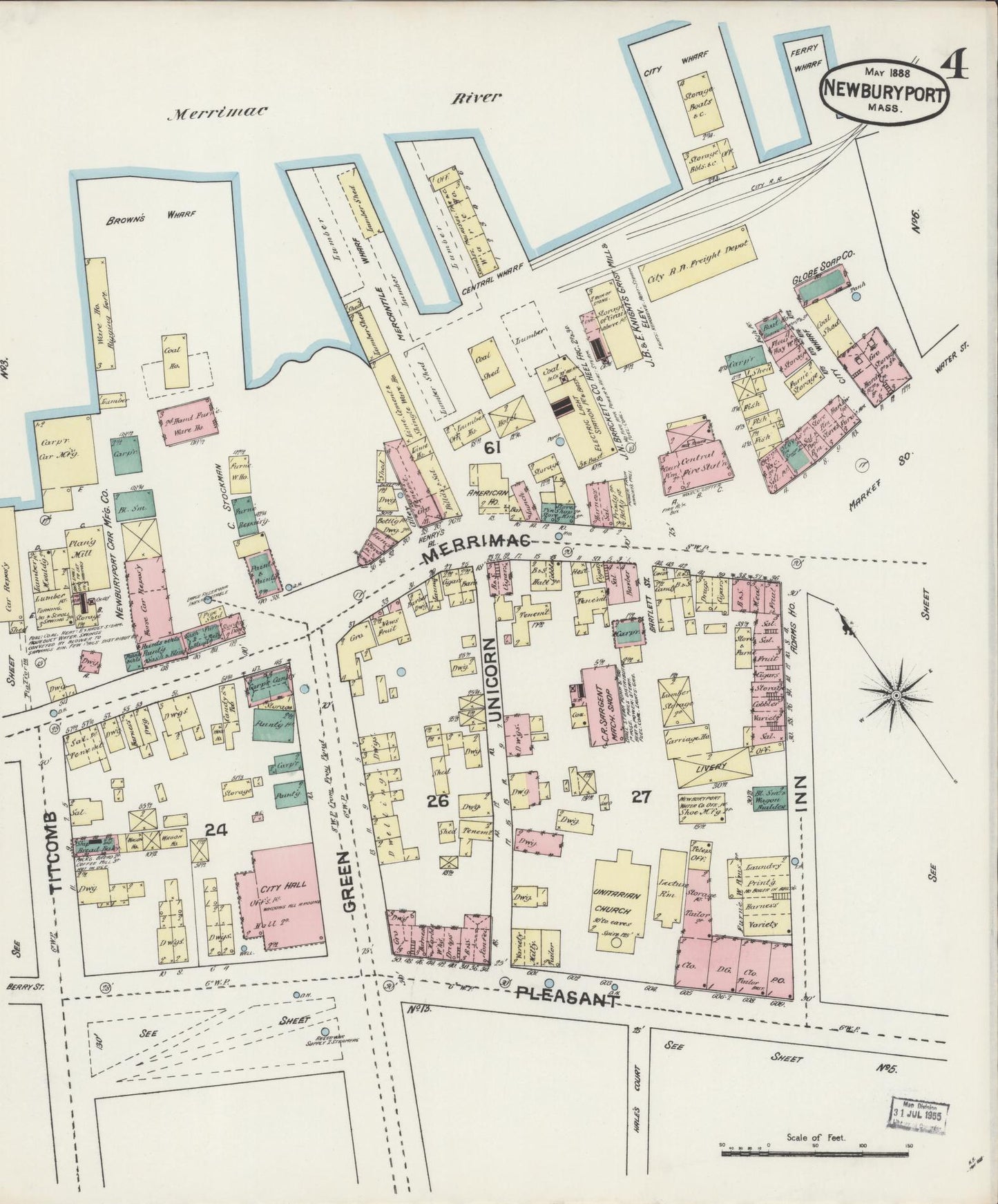 Sanborn Fire Insurance Map from Newburyport, Essex County, Massachusetts (1888), Sheet #0004 - Historic Sanborn Fire Insurance Map Print, vintage old map wall art, antique decor, genealogy gift, Massachusetts Massachusetts map