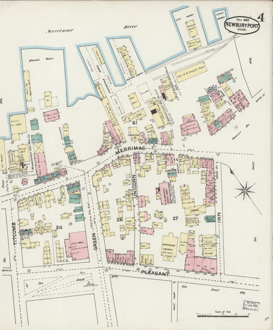 Sanborn Fire Insurance Map from Newburyport, Essex County, Massachusetts (1888), Sheet #0004 - Historic Sanborn Fire Insurance Map Print, vintage old map wall art, antique decor, genealogy gift, Massachusetts Massachusetts map