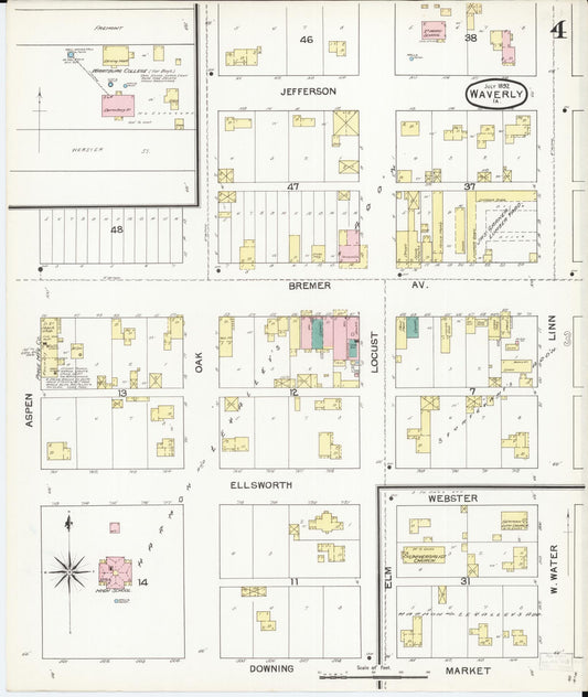 Sanborn Fire Insurance Map from Waverly, Bremer County, Iowa (1892), Sheet #0004 - Historic Sanborn Fire Insurance Map Print, vintage old map wall art
