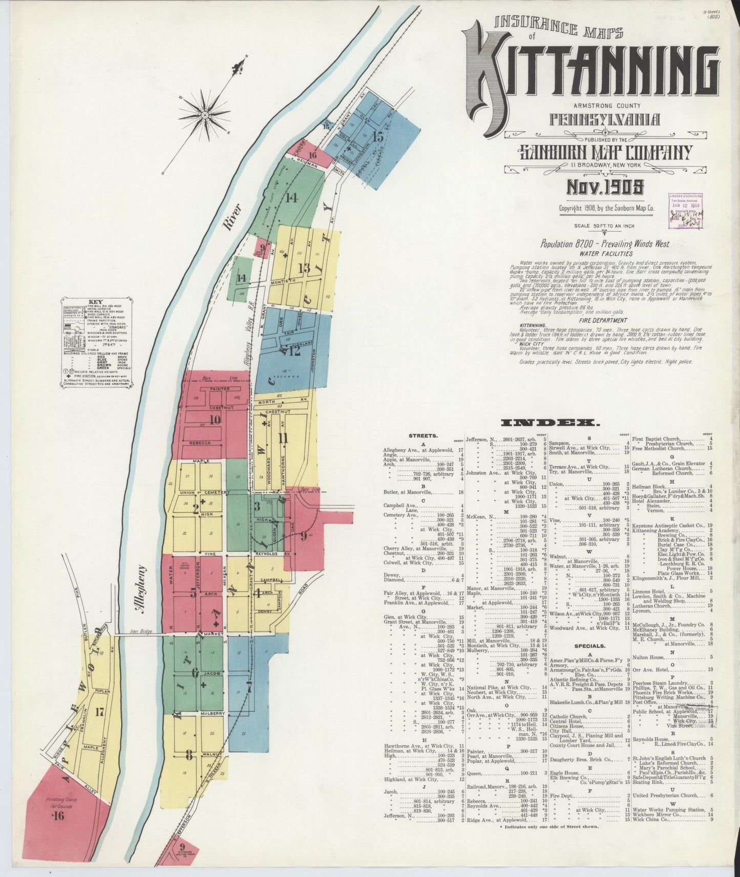 Sanborn Fire Insurance Map from Kittanning, Armstrong County, Pennsylvania (1909), Sheet #0001 - Complete Map Set gallery image, historic Sanborn map, vintage wall art, Pennsylvania Pennsylvania