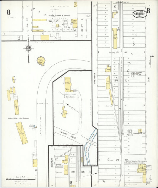 Sanborn Fire Insurance Map from Sturgis, Meade County, South Dakota (1923), Sheet #0008 - Historic Sanborn Fire Insurance Map Print, vintage old map wall art, antique decor, genealogy gift, South Dakota South Dakota map