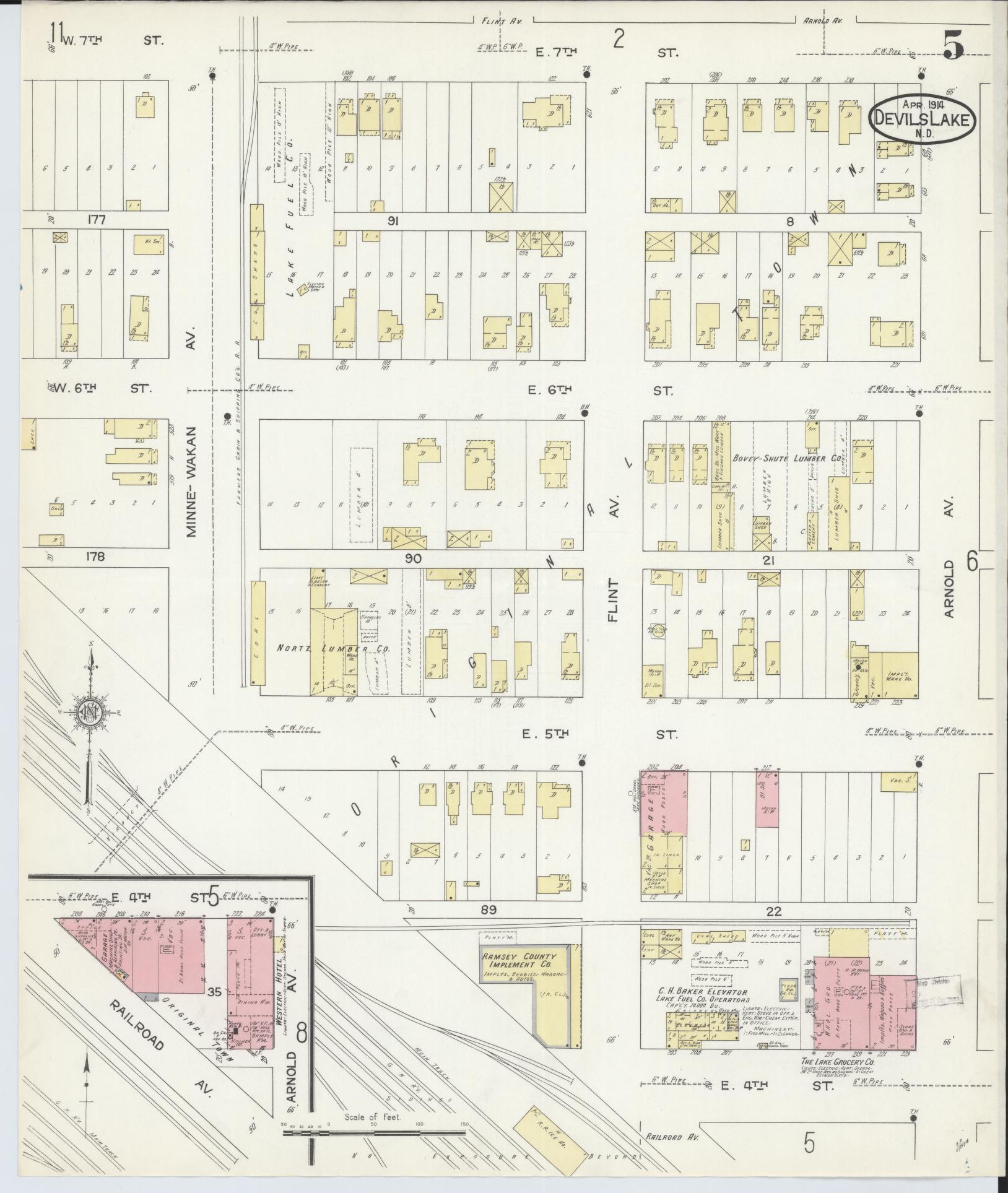 Sanborn Fire Insurance Map from Devils Lake, Ramsey County, North Dakota (1914), Sheet #0005 - Historic Sanborn Fire Insurance Map Print, vintage old map wall art, antique decor, genealogy gift, North Dakota North Dakota map