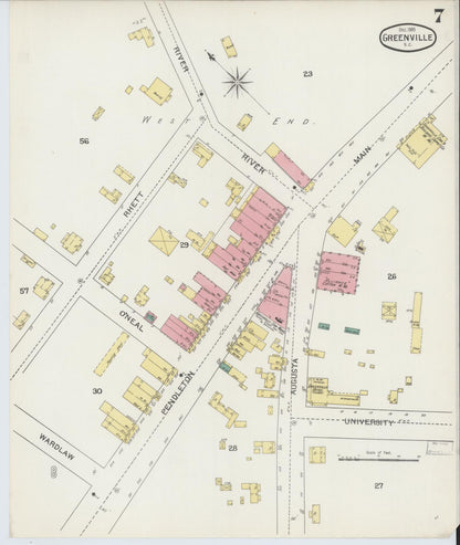 Sanborn Fire Insurance Map from Greenville, Greenville County, South Carolina (1893), Sheet #0007 - Complete Map Set gallery image, historic Sanborn map, vintage wall art, South Carolina South Carolina