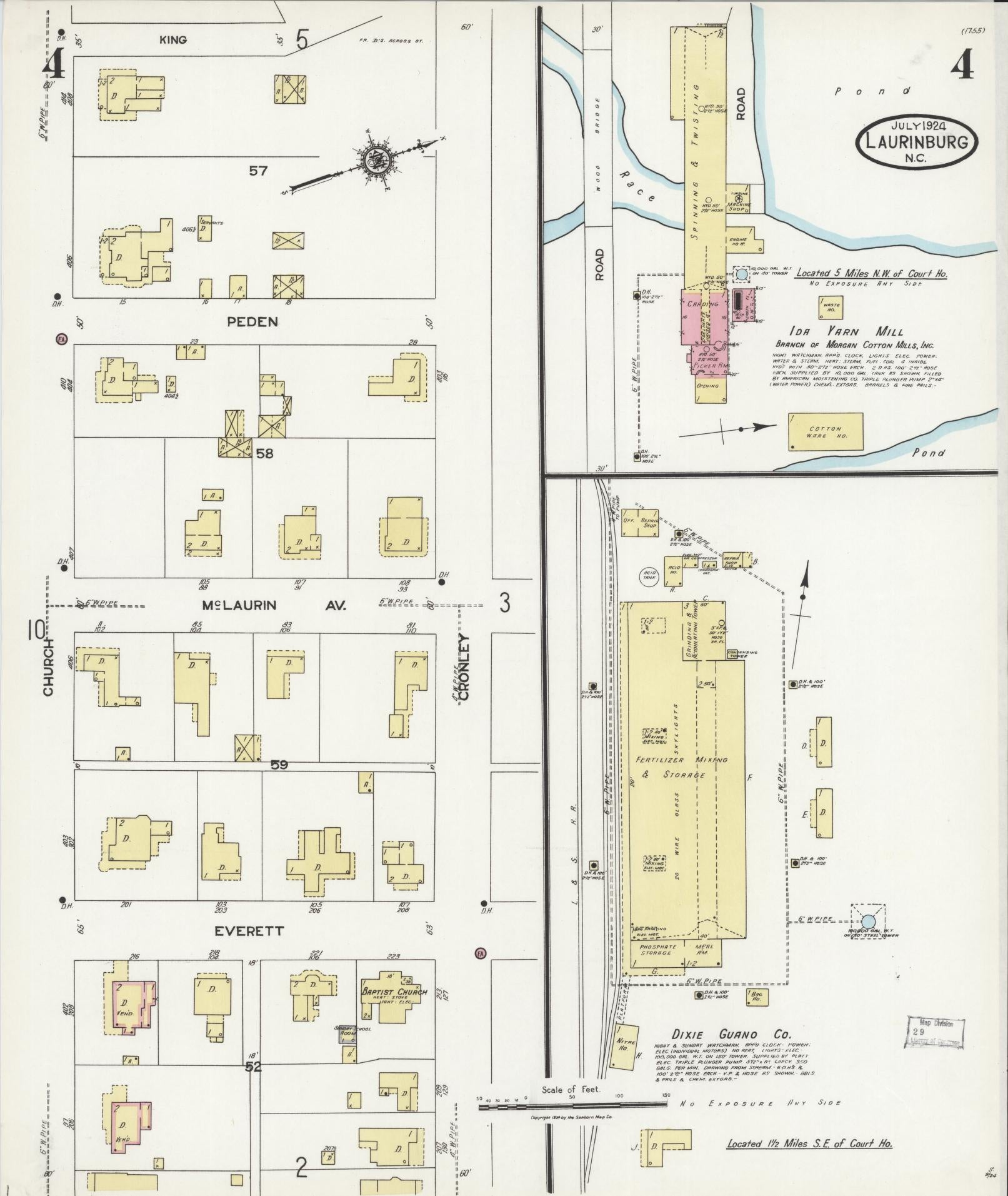 Sanborn Fire Insurance Map from Laurinburg, Scotland County, North Carolina (1924), Sheet #0004 - Complete Map Set gallery image, historic Sanborn map, vintage wall art, North Carolina North Carolina