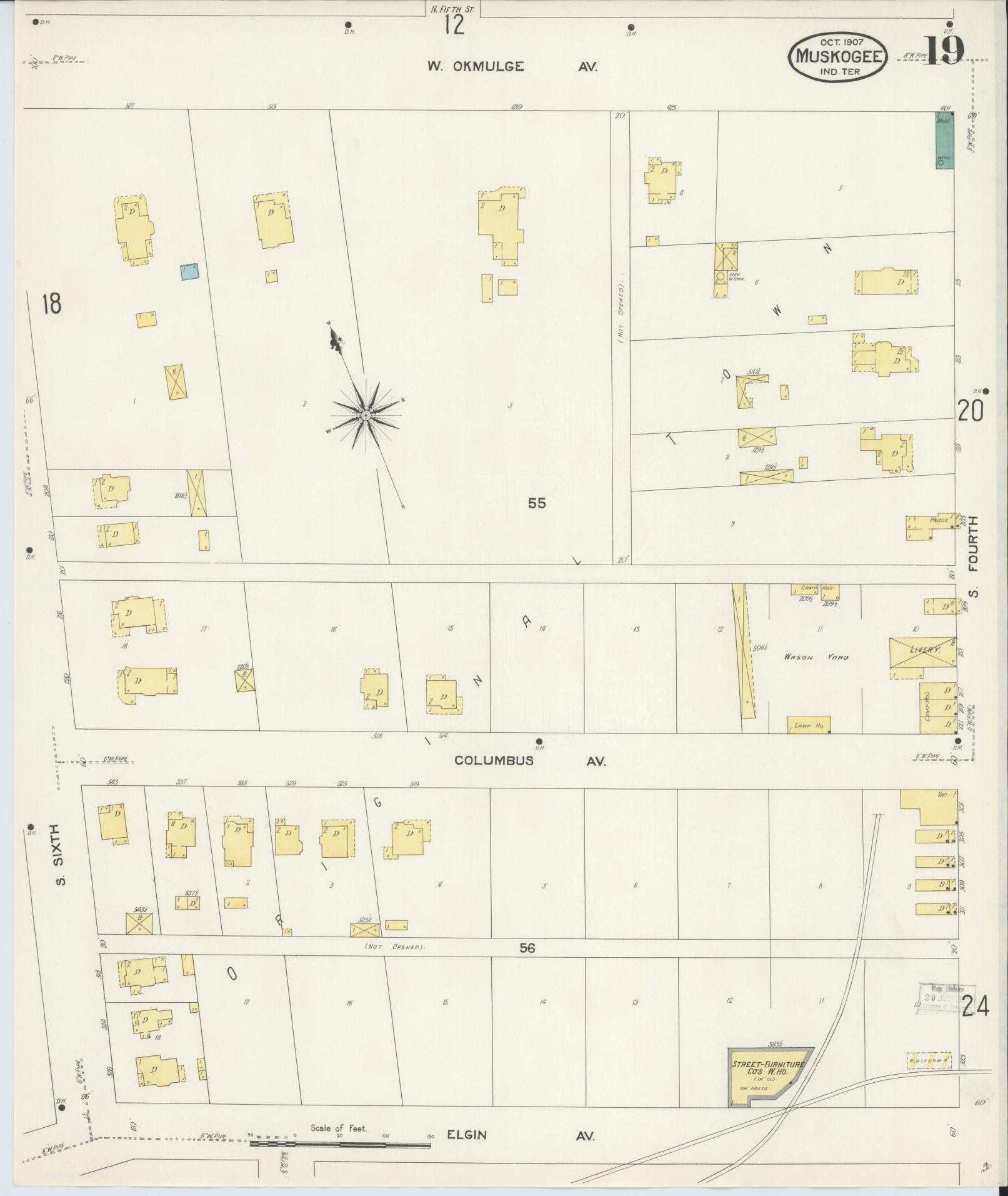 Sanborn Fire Insurance Map from Muskogee, Muskogee County, Oklahoma (1907), Sheet #0019 - Complete Map Set gallery image, historic Sanborn map, vintage wall art, Oklahoma Oklahoma