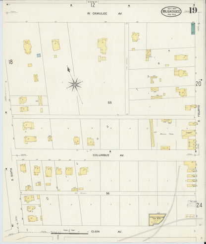 Sanborn Fire Insurance Map from Muskogee, Muskogee County, Oklahoma (1907), Sheet #0019 - Complete Map Set gallery image, historic Sanborn map, vintage wall art, Oklahoma Oklahoma