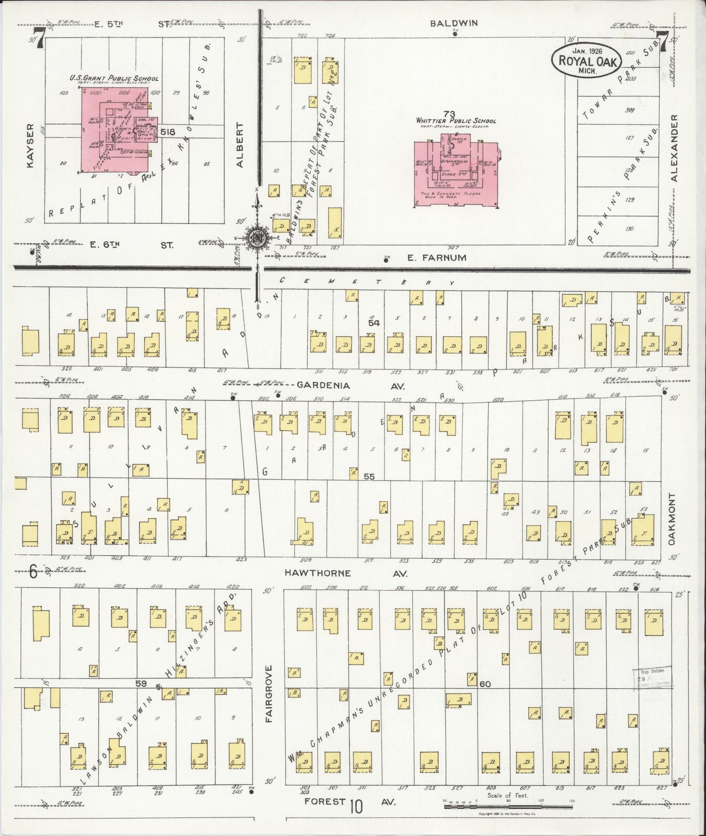 Sanborn Fire Insurance Map from Royal Oak, Oakland County, Michigan (1926), Sheet #0007 - Complete Map Set gallery image, historic Sanborn map, vintage wall art, Michigan Michigan