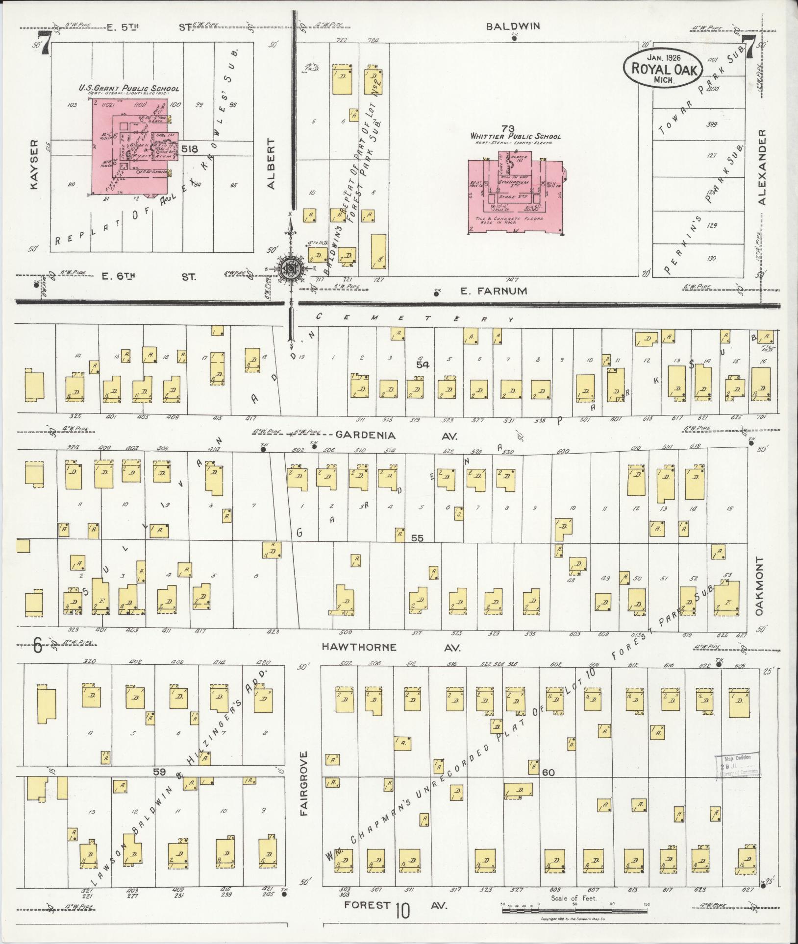 Sanborn Fire Insurance Map from Royal Oak, Oakland County, Michigan (1926), Sheet #0007 - Complete Map Set gallery image, historic Sanborn map, vintage wall art, Michigan Michigan
