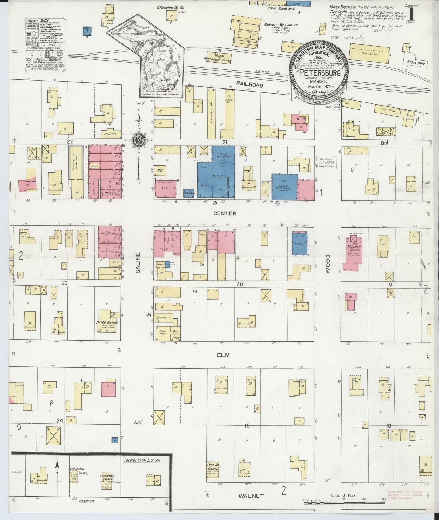 Sanborn Fire Insurance Map from Petersburg, Monroe County, Michigan (1923), Sheet #0001 - Historic Sanborn Fire Insurance Map Print, vintage old map wall art, antique decor, genealogy gift, Michigan Michigan map