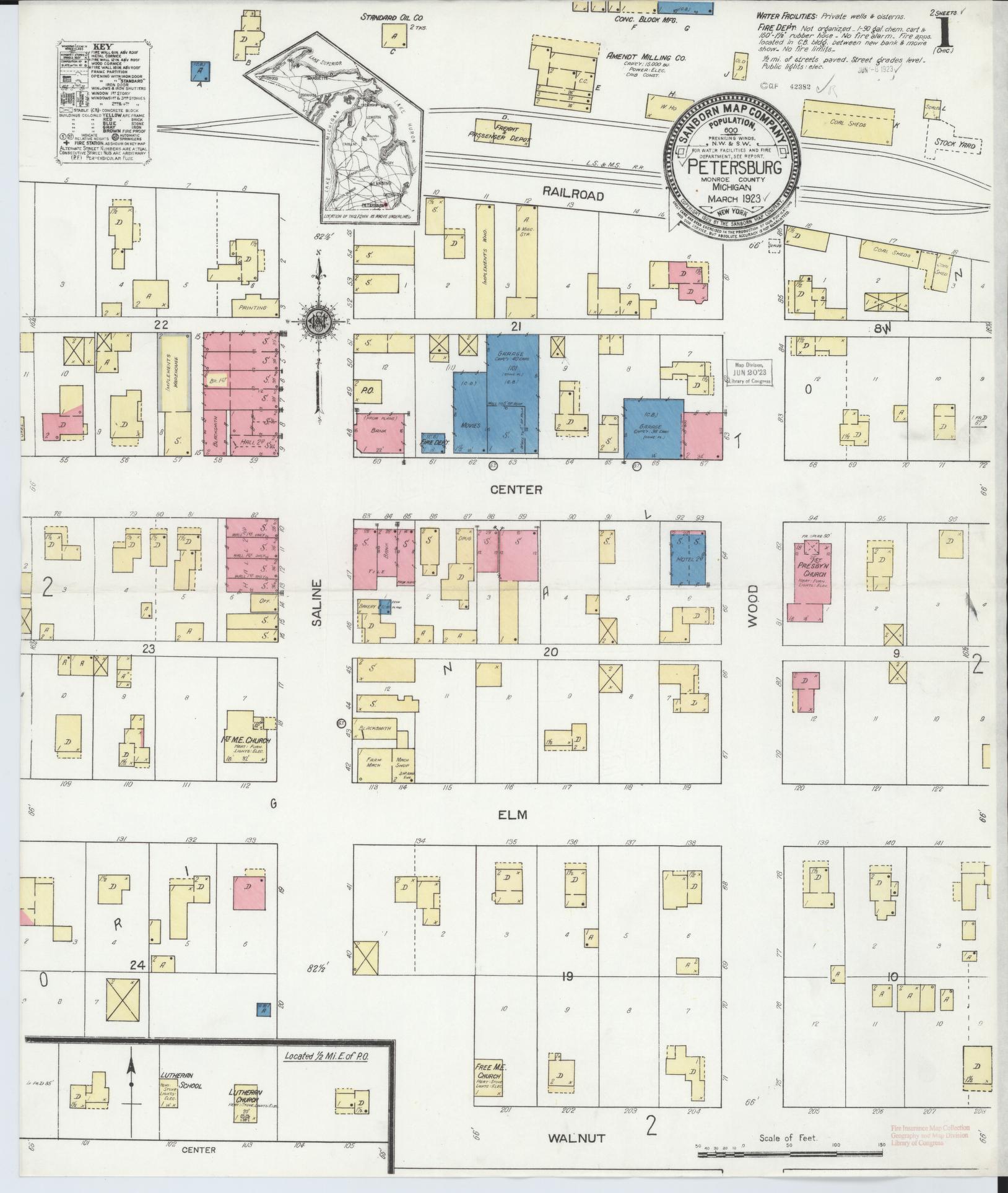 Sanborn Fire Insurance Map from Petersburg, Monroe County, Michigan (1923), Sheet #0001 - Historic Sanborn Fire Insurance Map Print, vintage old map wall art, antique decor, genealogy gift, Michigan Michigan map