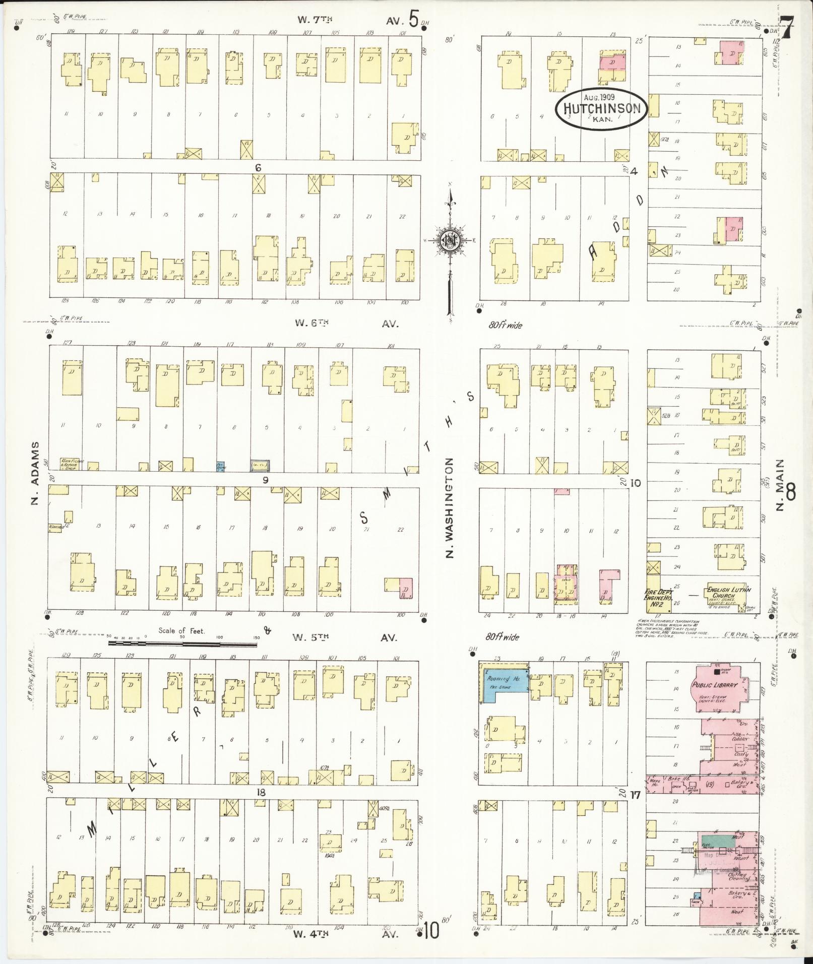 Sanborn Fire Insurance Map from Hutchinson, Reno County, Kansas (1909), Sheet #0007 - Complete Map Set gallery image, historic Sanborn map, vintage wall art, Kansas Kansas