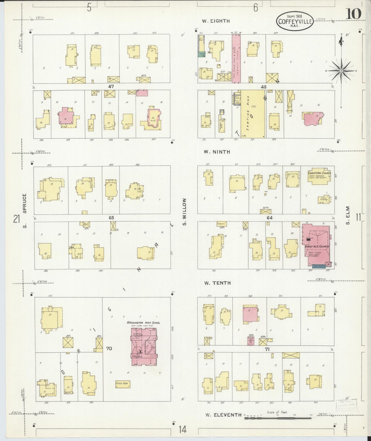 Sanborn Fire Insurance Map from Coffeyville, Montgomery County, Kansas (1908), Sheet #0010 - Historic Sanborn Fire Insurance Map Print, vintage old map wall art, antique decor, genealogy gift, Kansas Kansas map