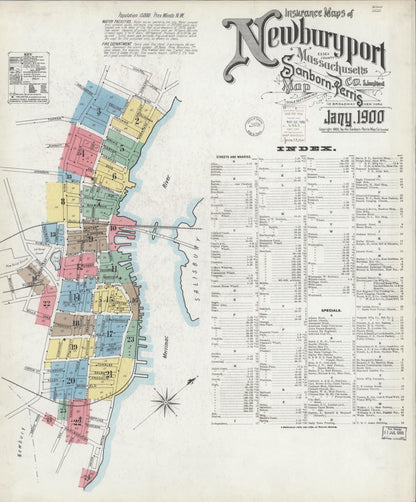 Sanborn Fire Insurance Map from Newburyport, Essex County, Massachusetts (1900), Sheet #0001 - Historic Sanborn Fire Insurance Map Print, vintage old map wall art, antique decor, genealogy gift, Massachusetts Massachusetts map