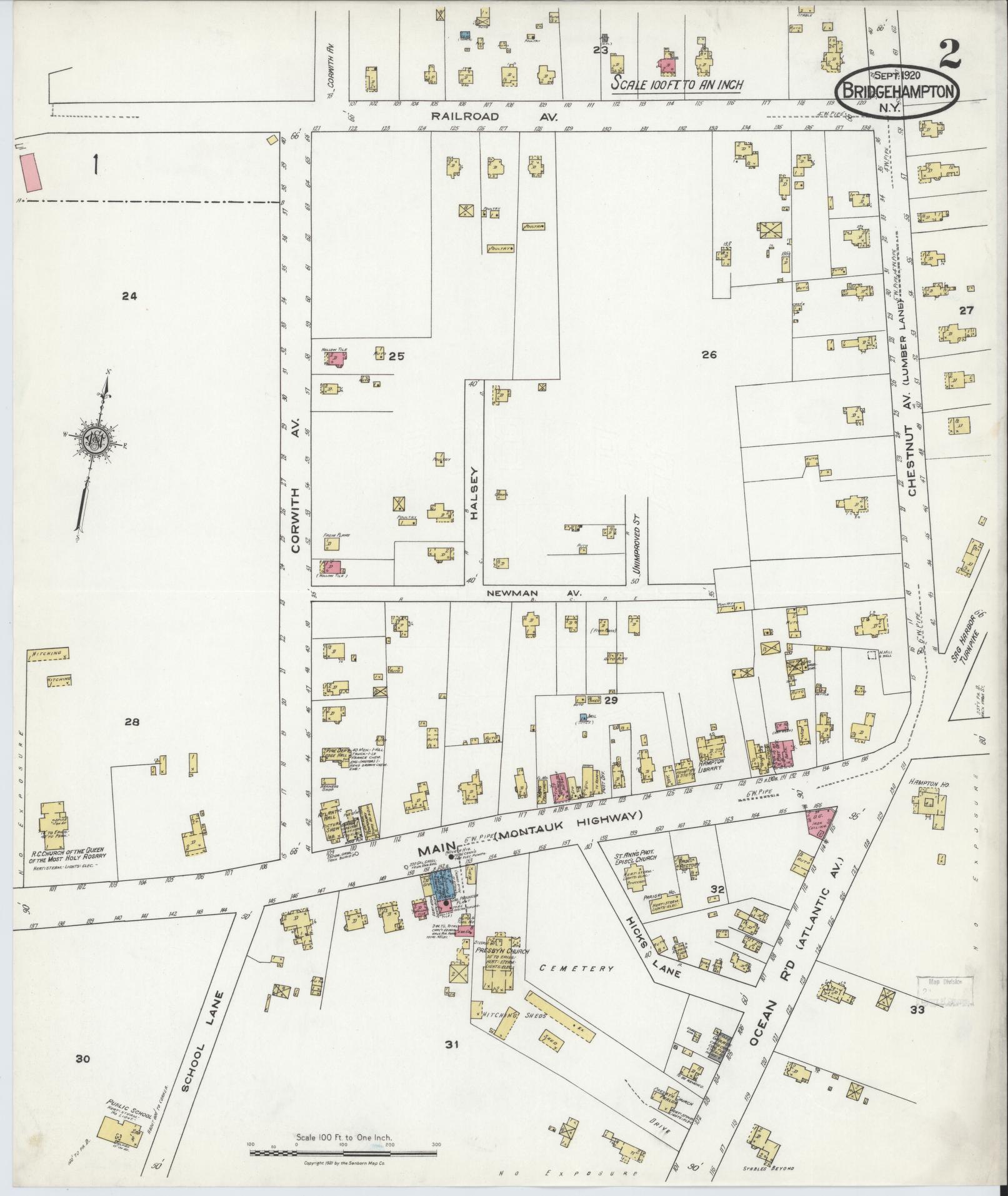 Sanborn Fire Insurance Map from Bridgehampton, Suffolk County, New York (1920), Sheet #0002 - Historic Sanborn Fire Insurance Map Print, vintage old map wall art, antique decor, genealogy gift, New York New York map