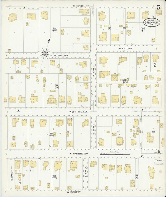 Sanborn Fire Insurance Map from Greenville, Hunt County, Texas (1909), Sheet #0005 - Historic Sanborn Fire Insurance Map Print, vintage old map wall art, antique decor, genealogy gift, Texas Texas map