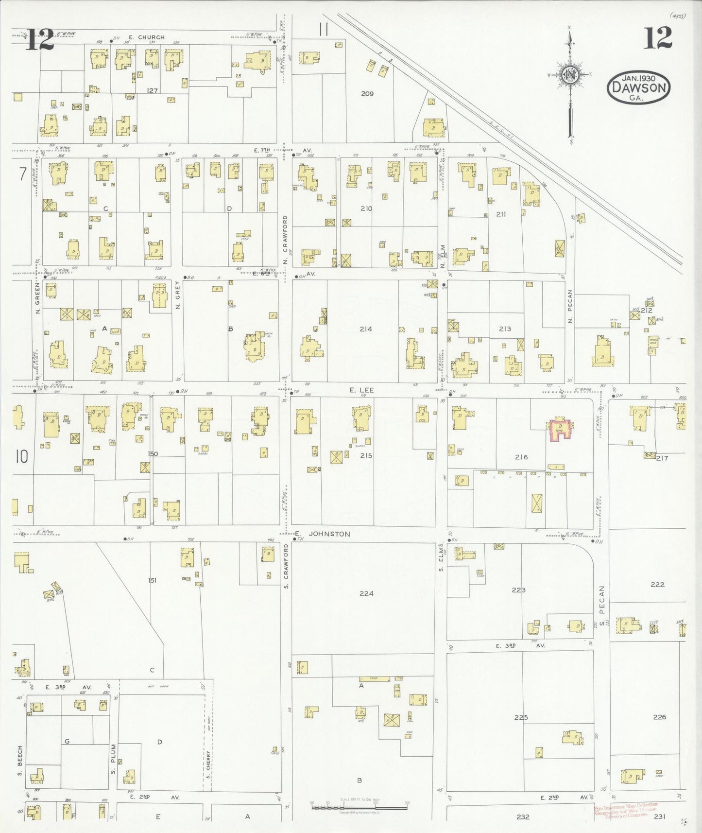 Sanborn Fire Insurance Map from Dawson, Terrell County, Georgia (1930), Sheet #0012 - Historic Sanborn Fire Insurance Map Print, vintage old map wall art, antique decor, genealogy gift, Georgia Georgia map