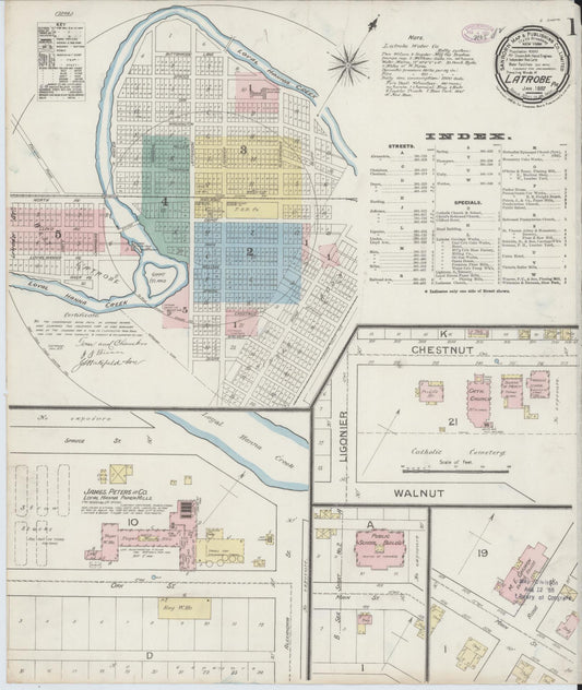 Sanborn Fire Insurance Map from Latrobe, Westmoreland County, Pennsylvania (1887), Sheet #0001 - Historic Sanborn Fire Insurance Map Print, vintage old map wall art, antique decor, genealogy gift, Pennsylvania Pennsylvania map