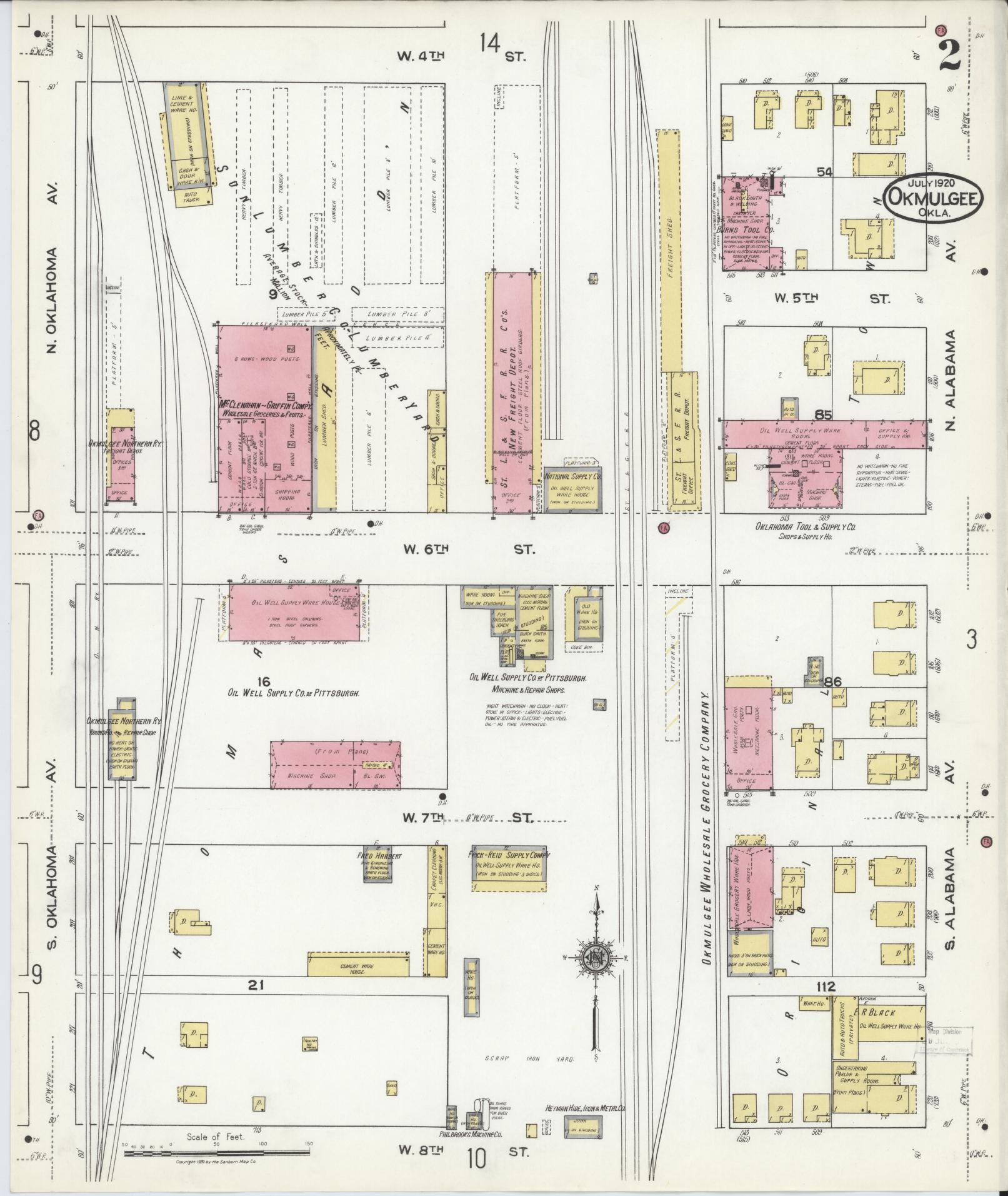 Sanborn Fire Insurance Map from Okmulgee, Okmulgee County, Oklahoma (1920), Sheet #0002 - Complete Map Set gallery image, historic Sanborn map, vintage wall art, Oklahoma Oklahoma
