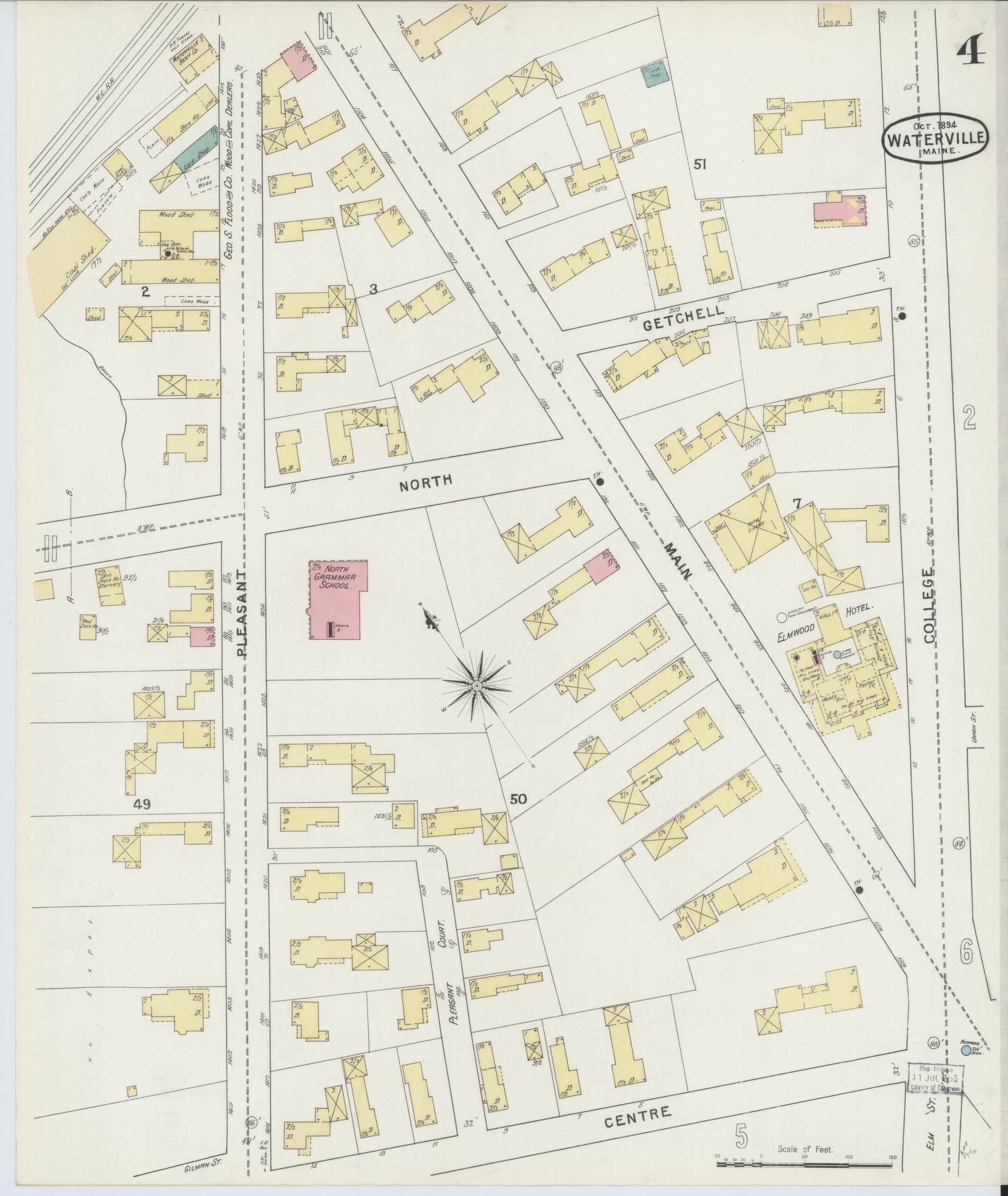 Sanborn Fire Insurance Map from Waterville, Kennebec County, Maine (1894), Sheet #0004 - Historic Sanborn Fire Insurance Map Print, vintage old map wall art, antique decor, genealogy gift, Maine Maine map