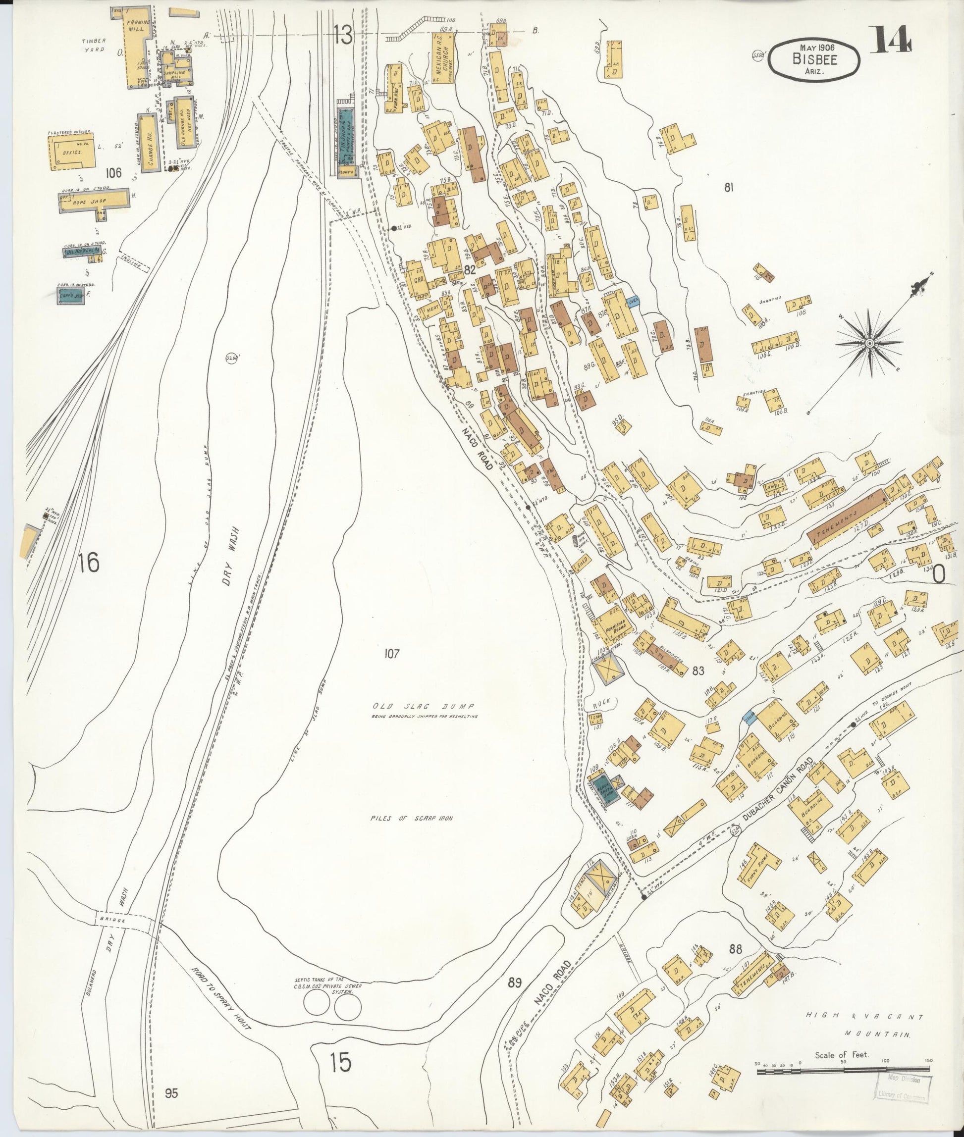 Sanborn Fire Insurance Map from Bisbee, Cochise County, Arizona (1906), Sheet #0014 - Complete Map Set gallery image, historic Sanborn map, vintage wall art, Arizona Arizona