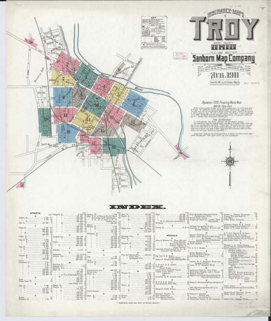 Sanborn Fire Insurance Map from Troy, Miami County, Ohio (1911), Sheet #0001 - Historic Sanborn Fire Insurance Map Print, vintage old map wall art, antique decor, genealogy gift, Ohio Ohio map