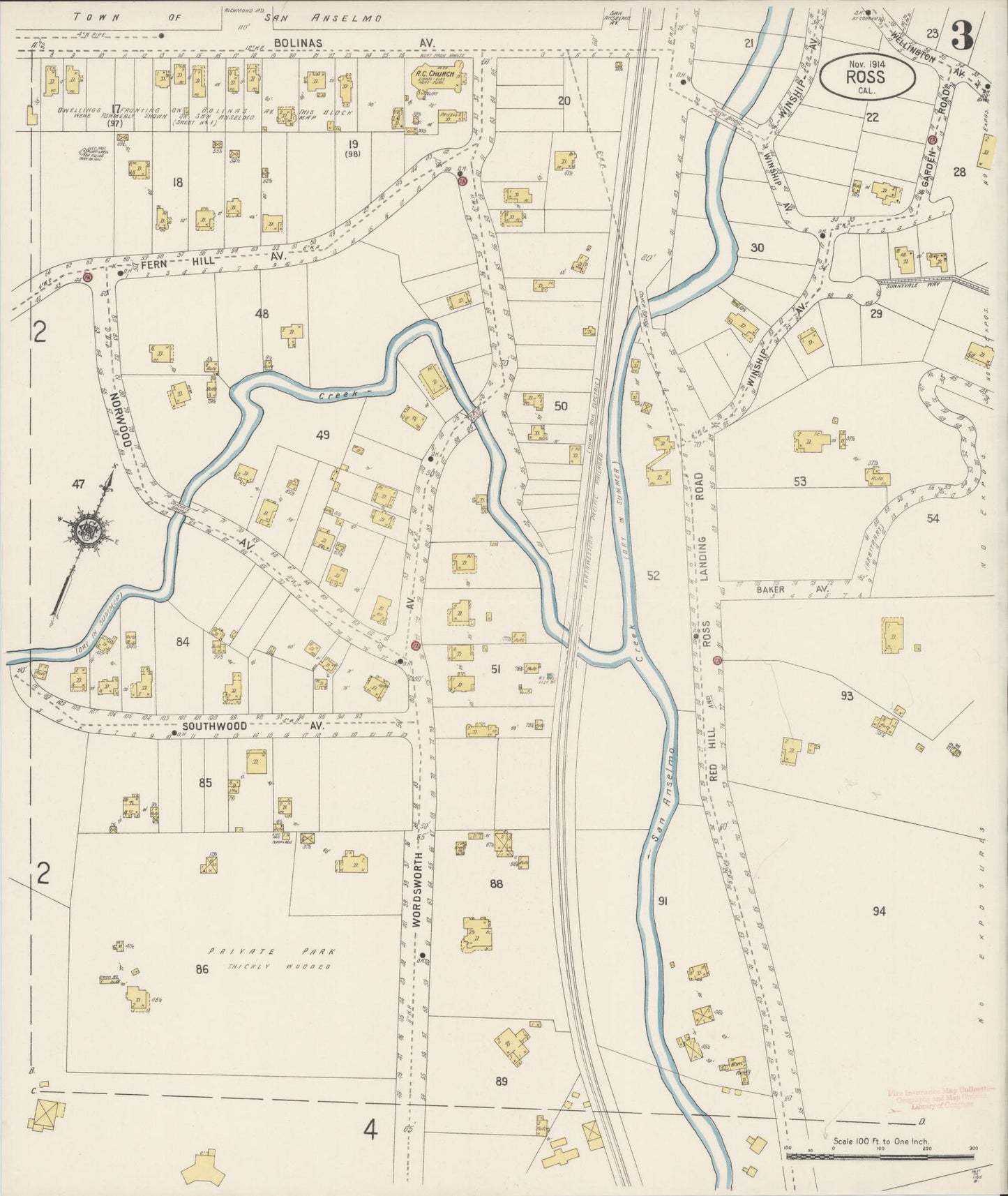 Sanborn Fire Insurance Map from Ross, Marin County, California (1914), Sheet #0003 - Complete Map Set gallery image, historic Sanborn map, vintage wall art, California California