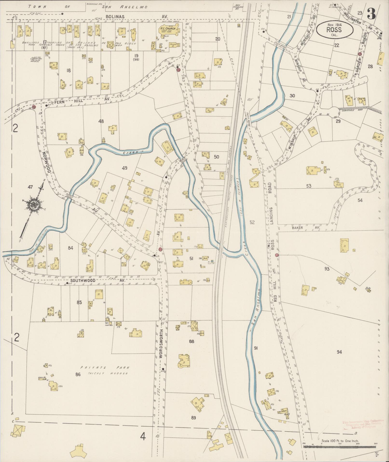 Sanborn Fire Insurance Map from Ross, Marin County, California (1914), Sheet #0003 - Complete Map Set gallery image, historic Sanborn map, vintage wall art, California California
