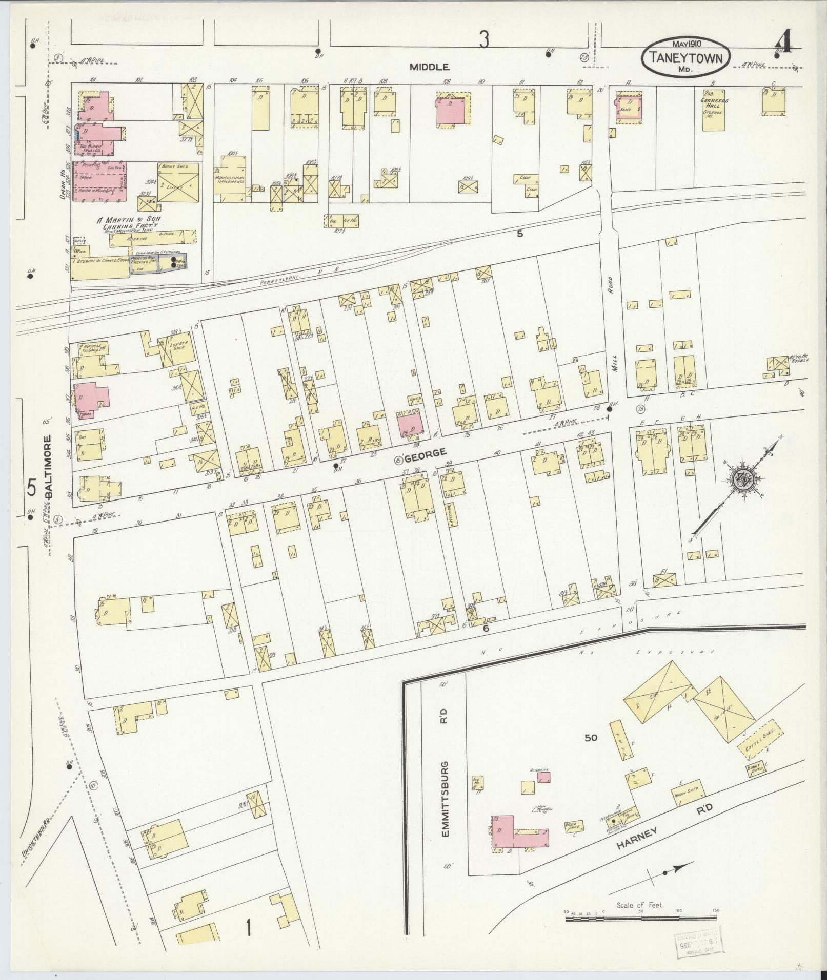 Sanborn Fire Insurance Map from Taneytown, Carroll County, Maryland (1910), Sheet #0004 - Historic Sanborn Fire Insurance Map Print, vintage old map wall art