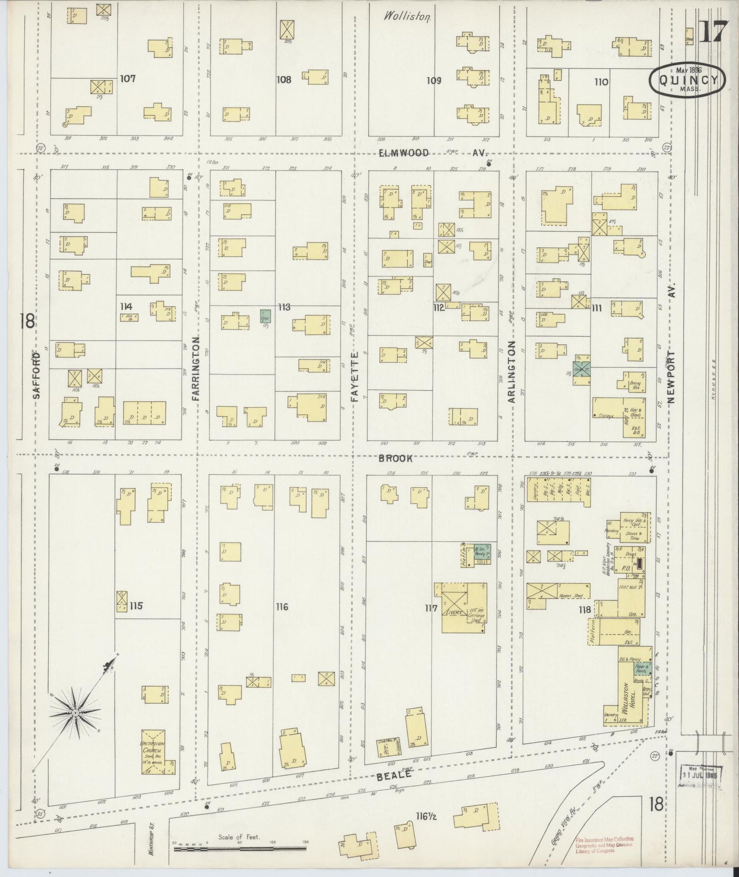 Sanborn Fire Insurance Map from Quincy, Norfolk County, Massachusetts (1896), Sheet #0017 - Historic Sanborn Fire Insurance Map Print, vintage old map wall art, antique decor, genealogy gift, Massachusetts Massachusetts map