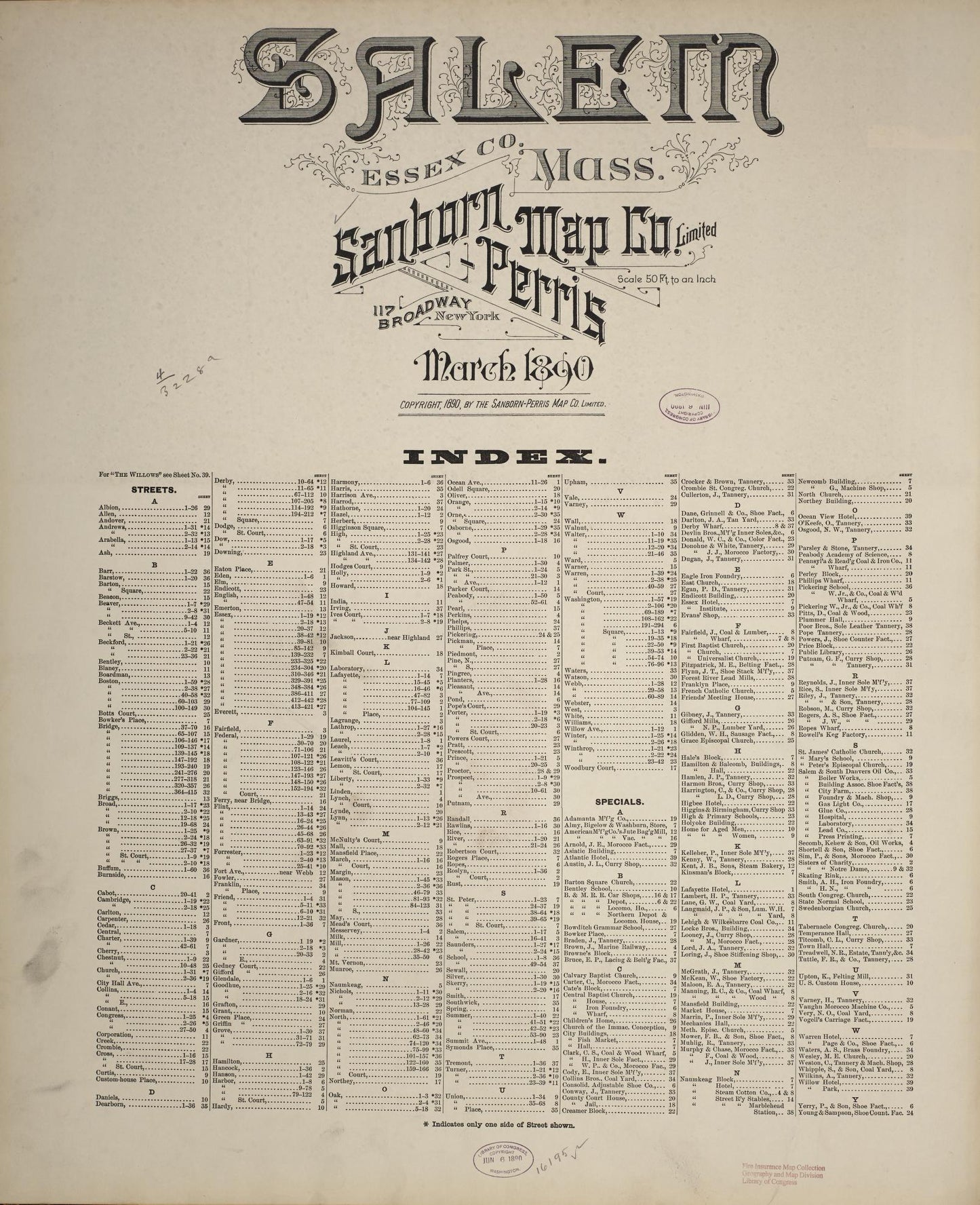 Sanborn Fire Insurance Map from Salem, Essex County, Massachusetts. (1890) – Historic Sanborn Fire Insurance Map Print