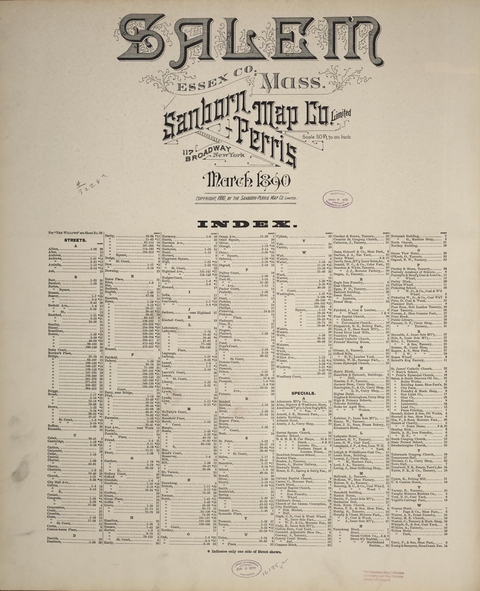 Sanborn Fire Insurance Map from Salem, Essex County, Massachusetts. (1890) – Historic Sanborn Fire Insurance Map Print