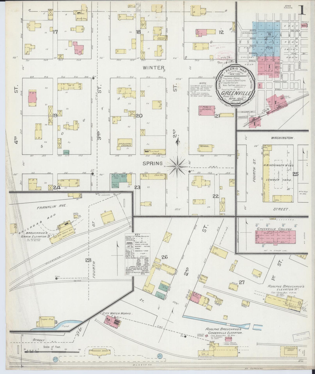 Sanborn Fire Insurance Map from Greenville, Bond County, Illinois (1893), Sheet #0001 - Complete Map Set gallery image, historic Sanborn map, vintage wall art, Illinois Illinois