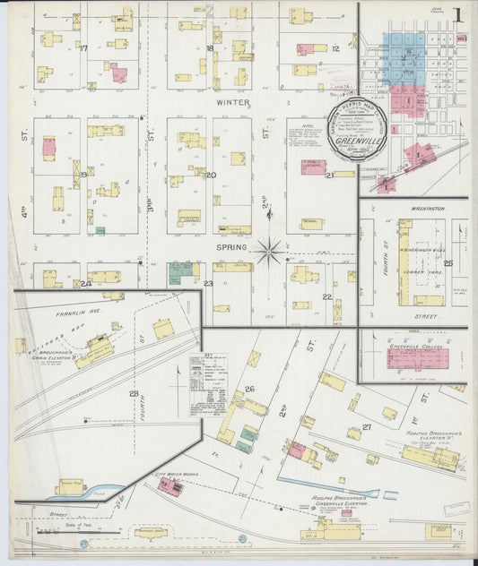 Sanborn Fire Insurance Map from Greenville, Bond County, Illinois (1893), Sheet #0001 - Complete Map Set gallery image, historic Sanborn map, vintage wall art, Illinois Illinois