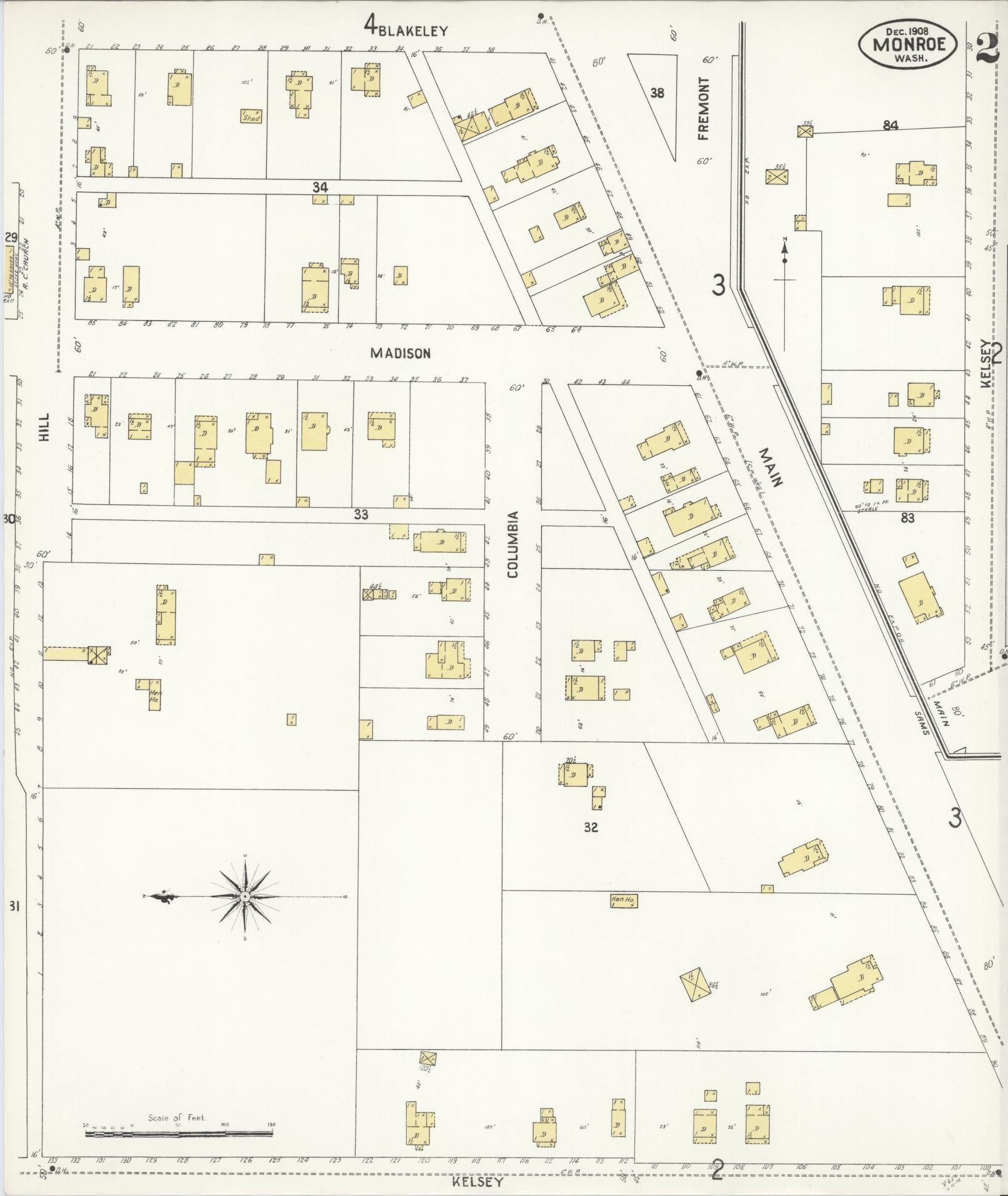 Sanborn Fire Insurance Map from Monroe, Snohomish County, Washington (1908), Sheet #0002 - Historic Sanborn Fire Insurance Map Print, vintage old map wall art, antique decor, genealogy gift, Washington Washington map