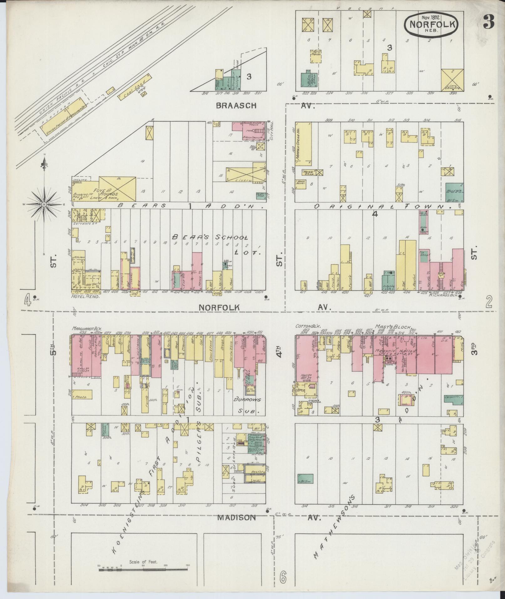 Sanborn Fire Insurance Map from Norfolk, Madison County, Nebraska (1892), Sheet #0003 - Historic Sanborn Fire Insurance Map Print, vintage old map wall art, antique decor, genealogy gift, Nebraska Nebraska map