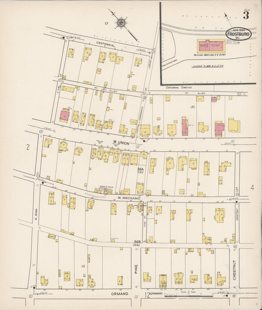 Sanborn Fire Insurance Map from Frostburg, Allegany County, Maryland (1922), Sheet #0003 - Historic Sanborn Fire Insurance Map Print, vintage old map wall art