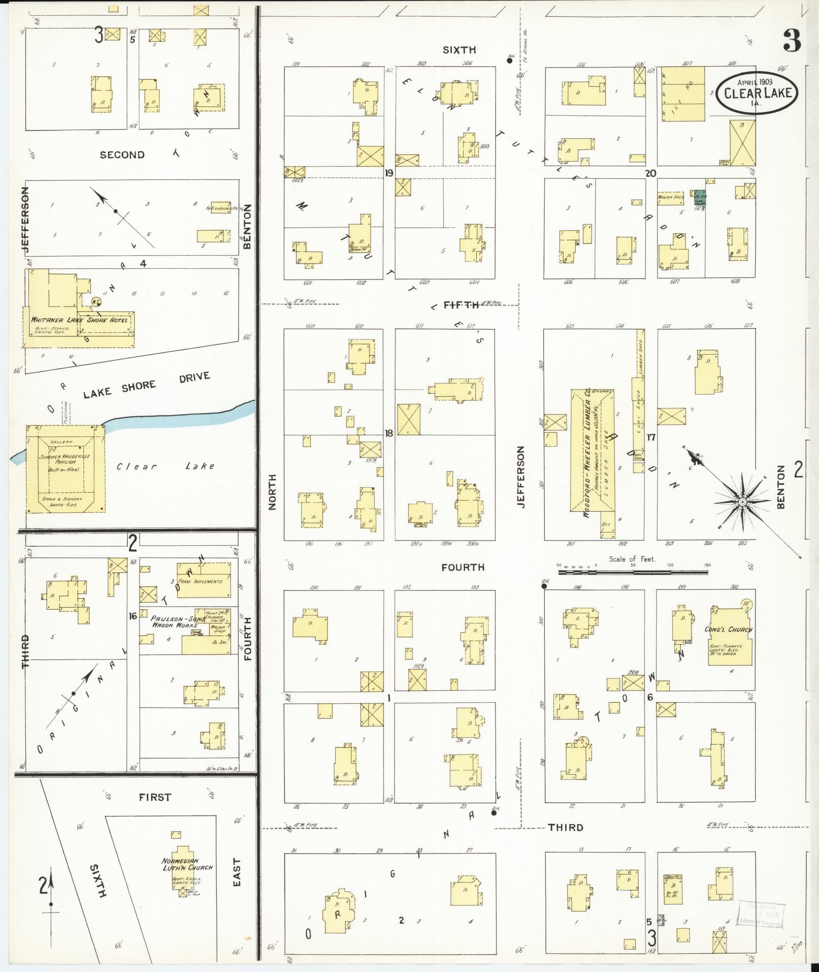 Sanborn Fire Insurance Map from Clear Lake, Cerro Gordo County, Iowa (1909), Sheet #0003 - Historic Sanborn Fire Insurance Map Print, vintage old map wall art
