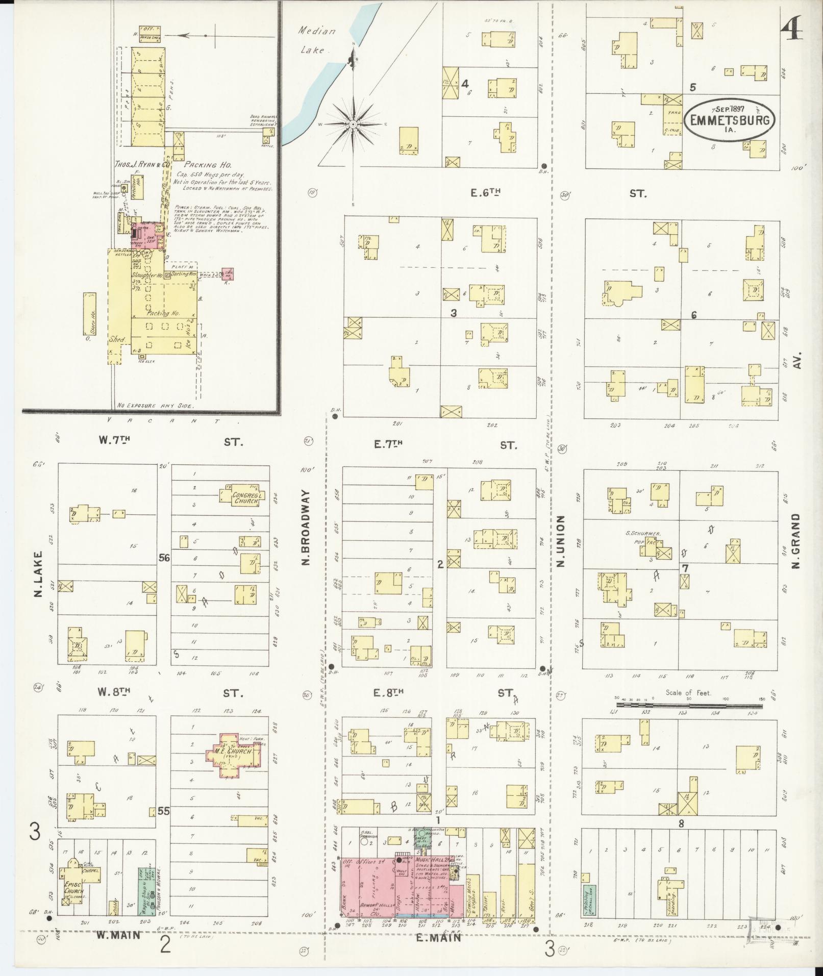 Sanborn Fire Insurance Map from Emmetsburg, Palo Alto County, Iowa (1897), Sheet #0004 - Historic Sanborn Fire Insurance Map Print, vintage old map wall art