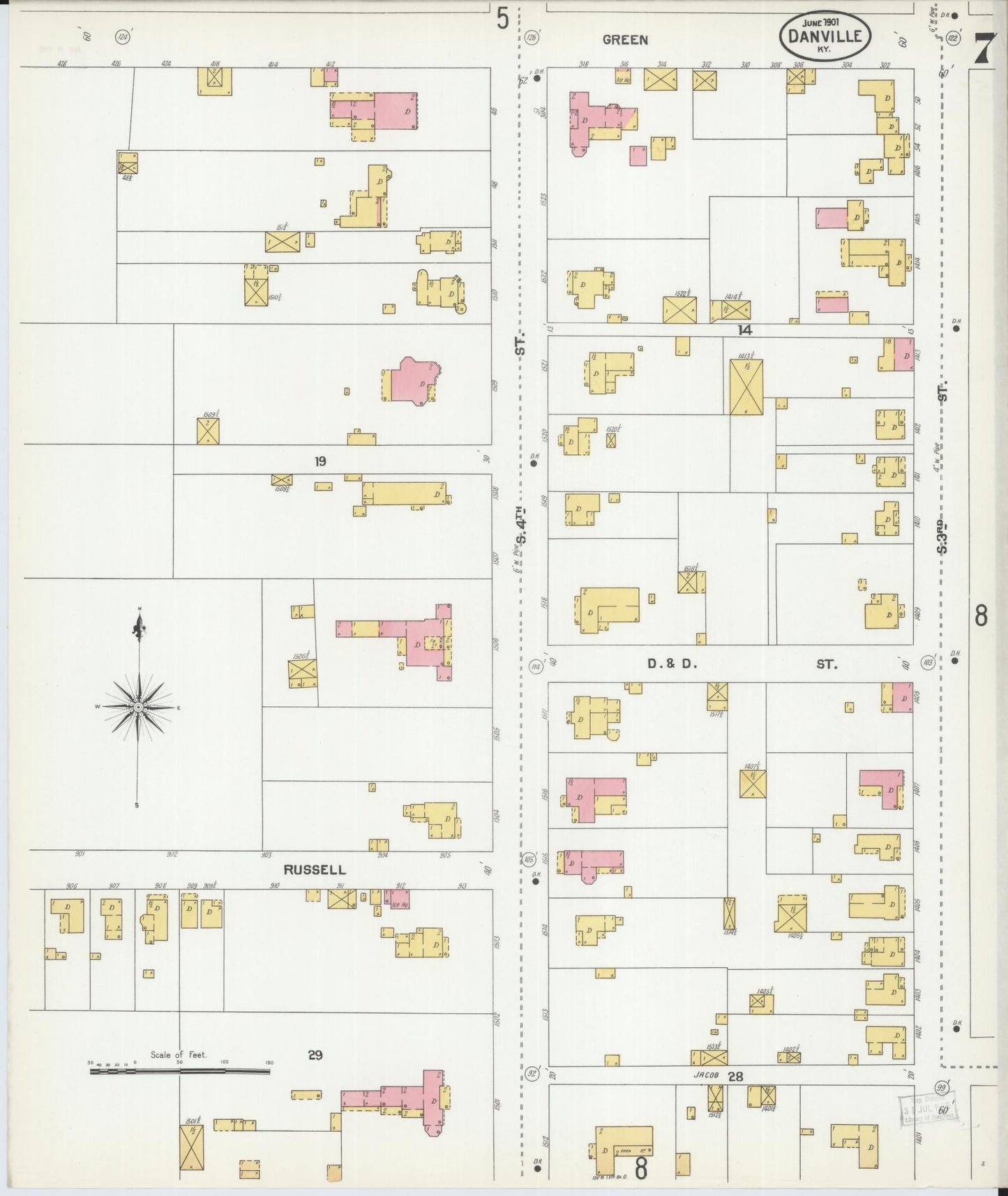 Sanborn Fire Insurance Map from Danville, Boyle County, Kentucky (1901), Sheet #0007 - Historic Sanborn Fire Insurance Map Print, vintage old map wall art, antique decor, genealogy gift, Kentucky Kentucky map