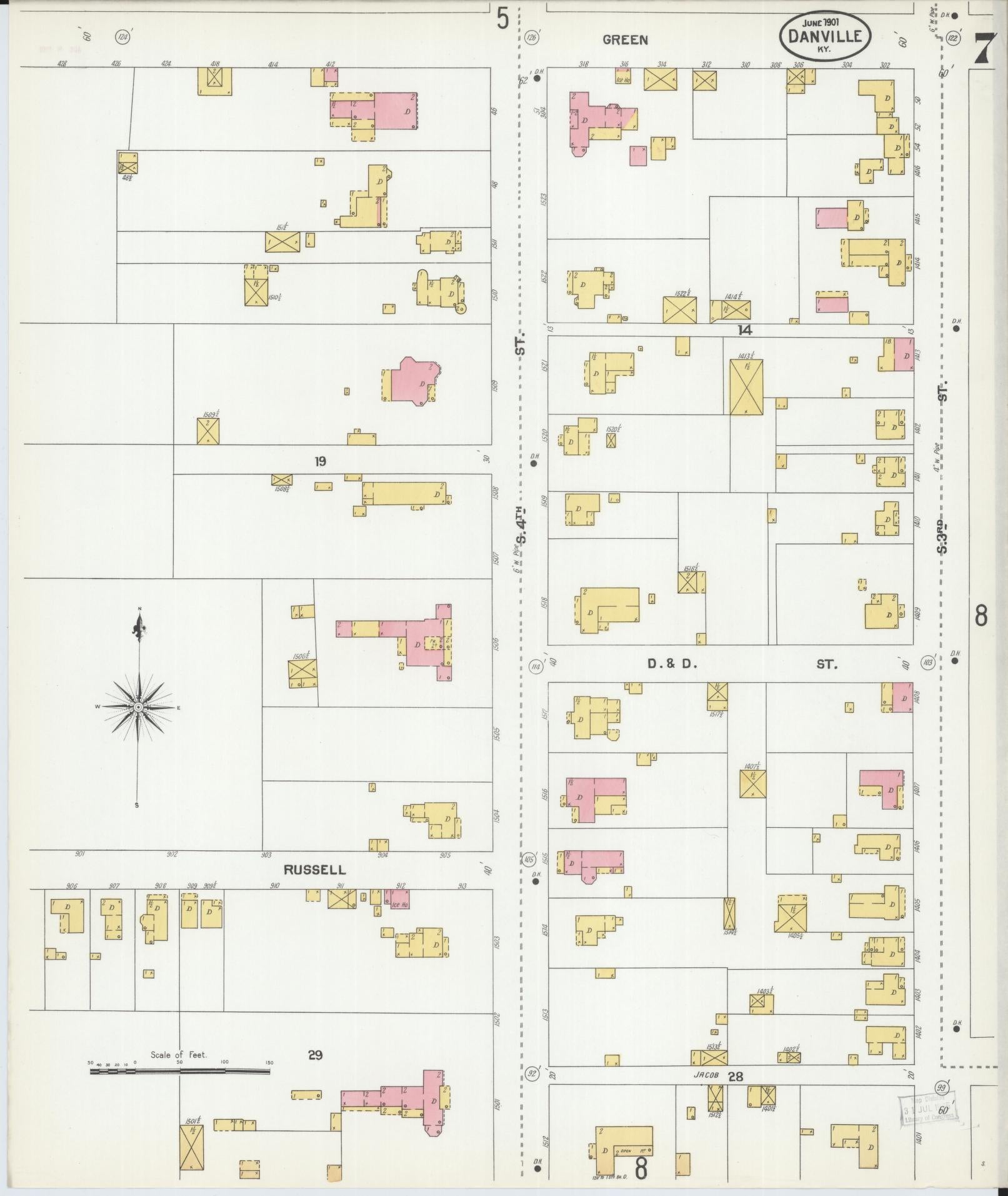 Sanborn Fire Insurance Map from Danville, Boyle County, Kentucky (1901), Sheet #0007 - Historic Sanborn Fire Insurance Map Print, vintage old map wall art, antique decor, genealogy gift, Kentucky Kentucky map