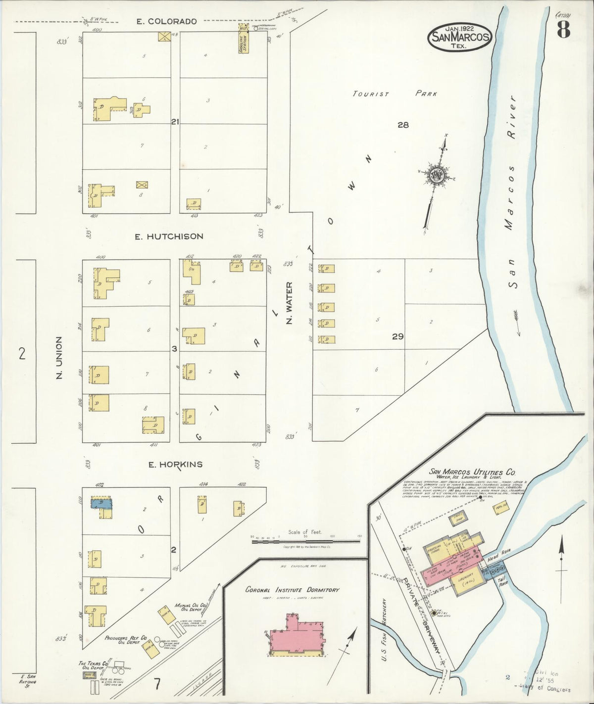 Sanborn Fire Insurance Map from San Marcos, Hays County, Texas (1922), Sheet #0008 - Complete Map Set gallery image, historic Sanborn map, vintage wall art, Texas Texas