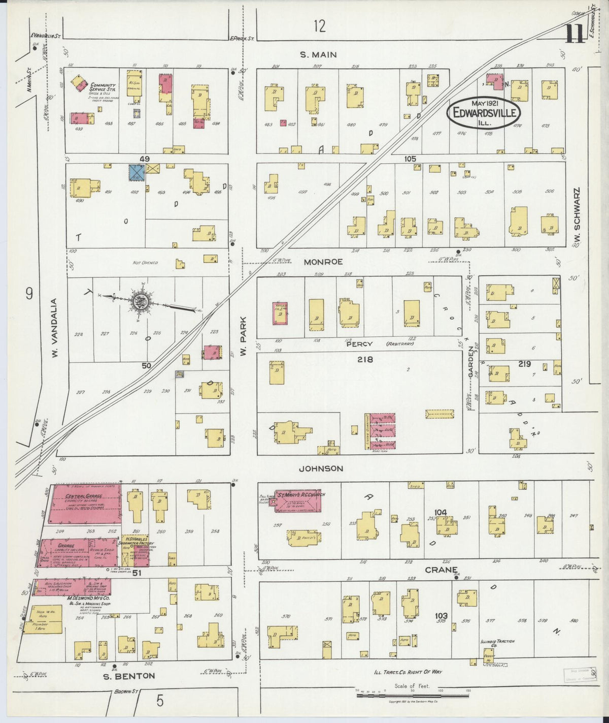 Sanborn Fire Insurance Map from Edwardsville, Madison County, Illinois (1921), Sheet #0011 - Historic Sanborn Fire Insurance Map Print, vintage old map wall art, antique decor, genealogy gift, Illinois Illinois map