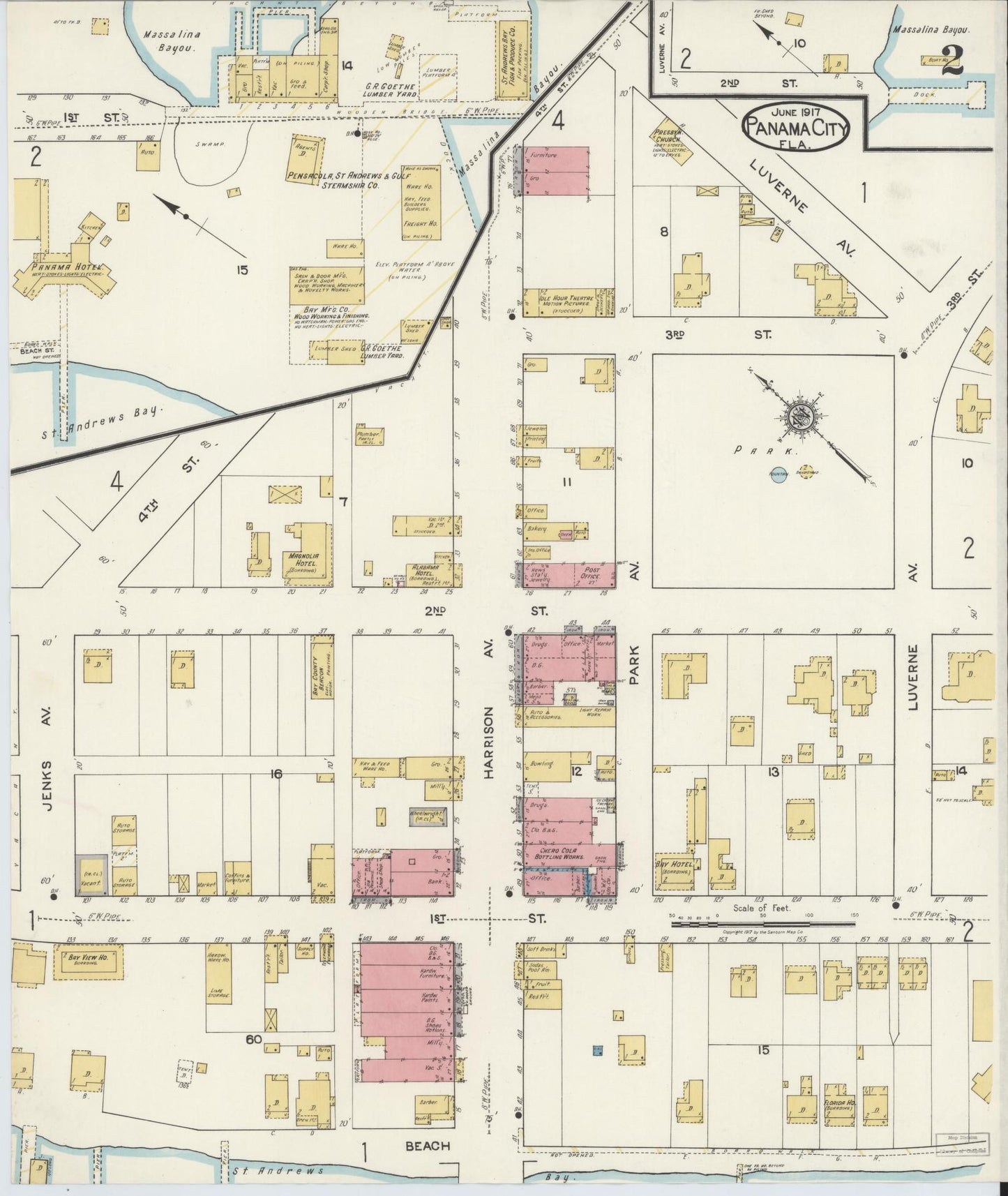 Sanborn Fire Insurance Map from Panama City, Bay County, Florida (1917), Sheet #0002 - Historic Sanborn Fire Insurance Map Print, vintage old map wall art, antique decor, genealogy gift, Florida Florida map