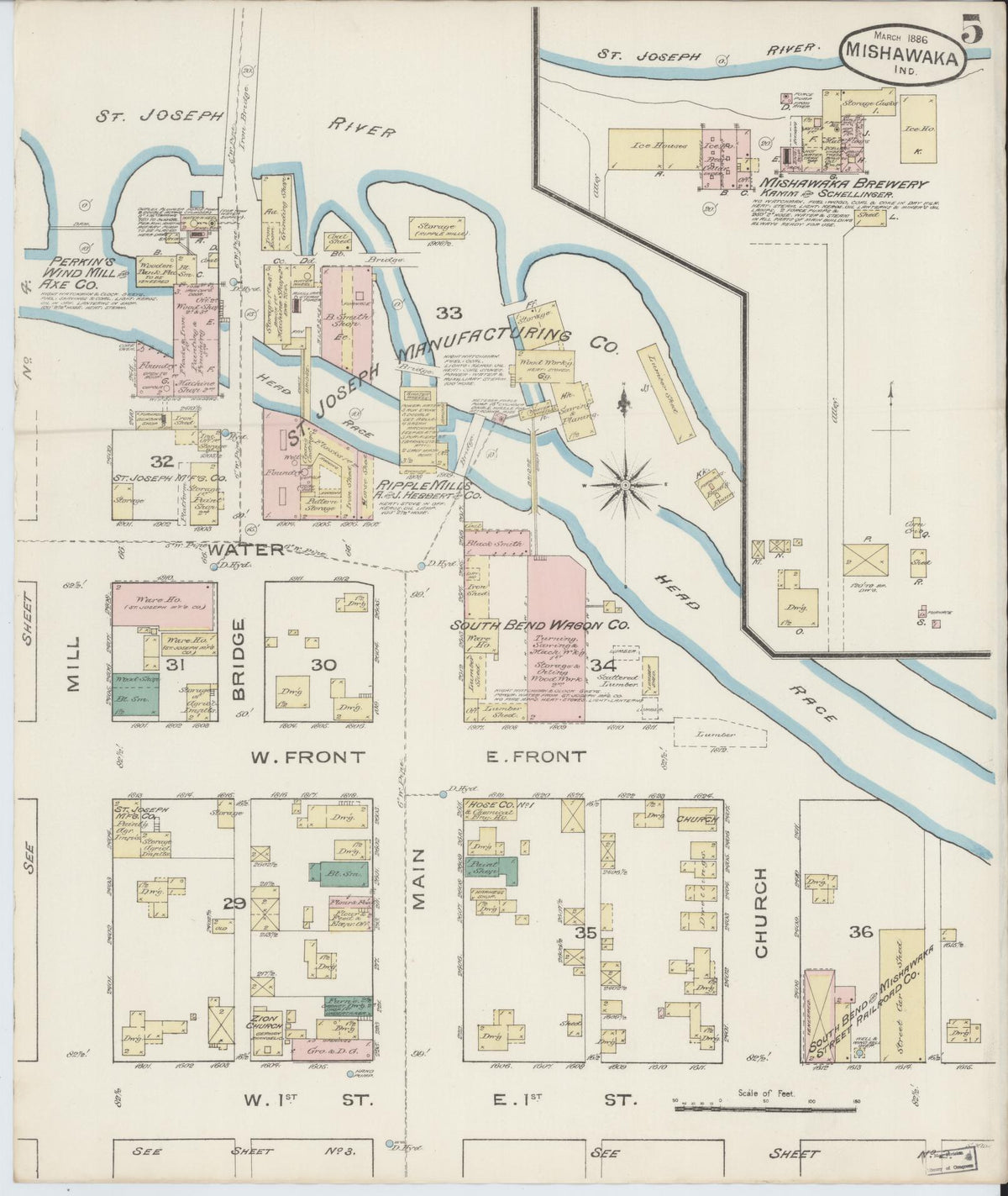 Sanborn Fire Insurance Map from Mishawaka, Saint Joseph County, Indiana (1886), Sheet #0005 - Historic Sanborn Fire Insurance Map Print, vintage old map wall art, antique decor, genealogy gift, Indiana Indiana map